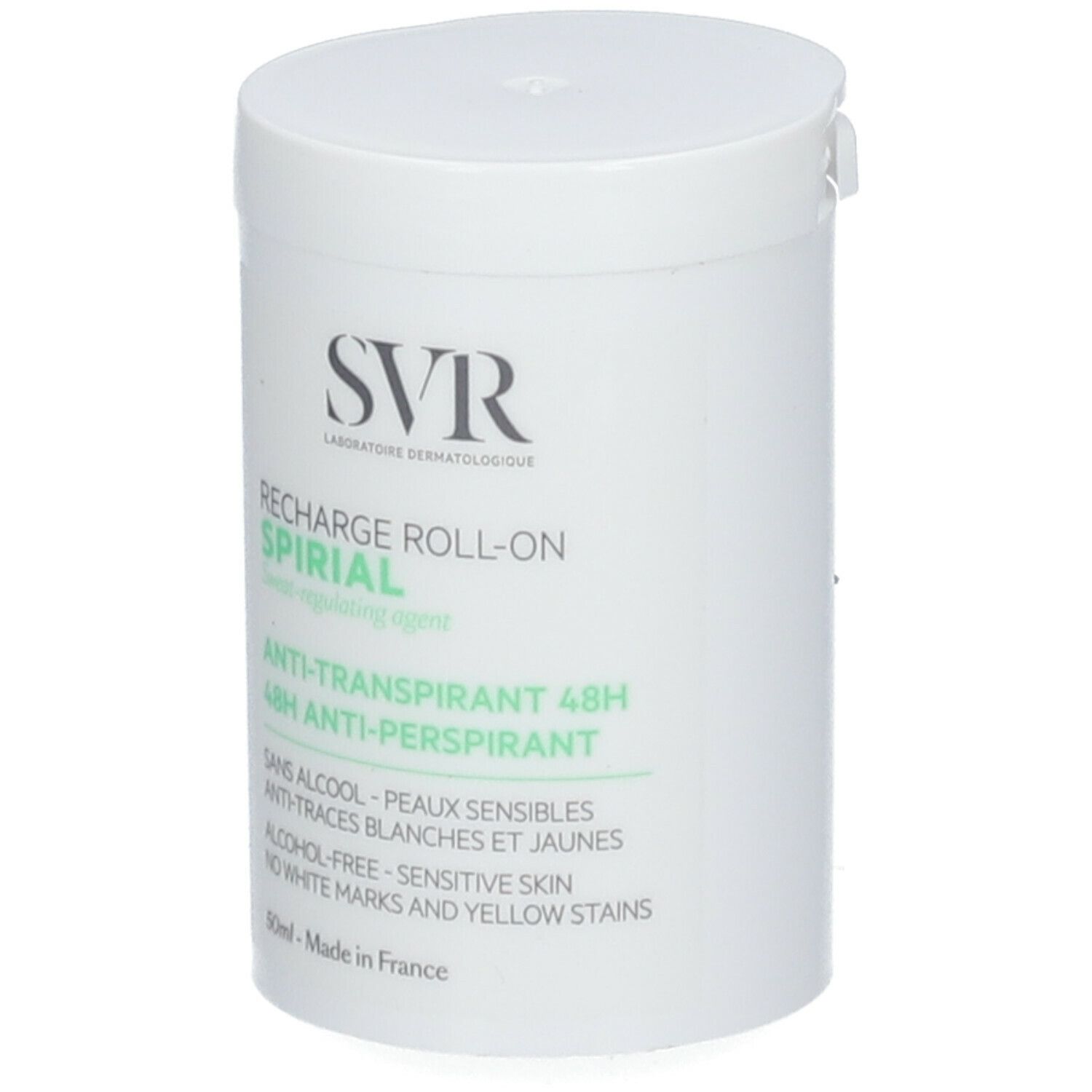 Flacon blanc SVR SPIRIAL Roll-On. Inscription: SVR, RECHARGE ROLL-ON SPIRIAL, Anti-transpirant 48H. Sans alcool, peaux sensibles.