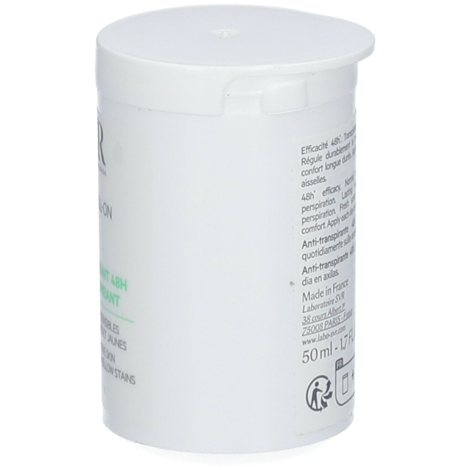 Flacon blanc SVR SPIRIAL Roll-On. Texte sur le côté. Inscription: SVR, RECHARGE ROLL-ON SPIRIAL, Anti-transpirant 48H. 50ml.