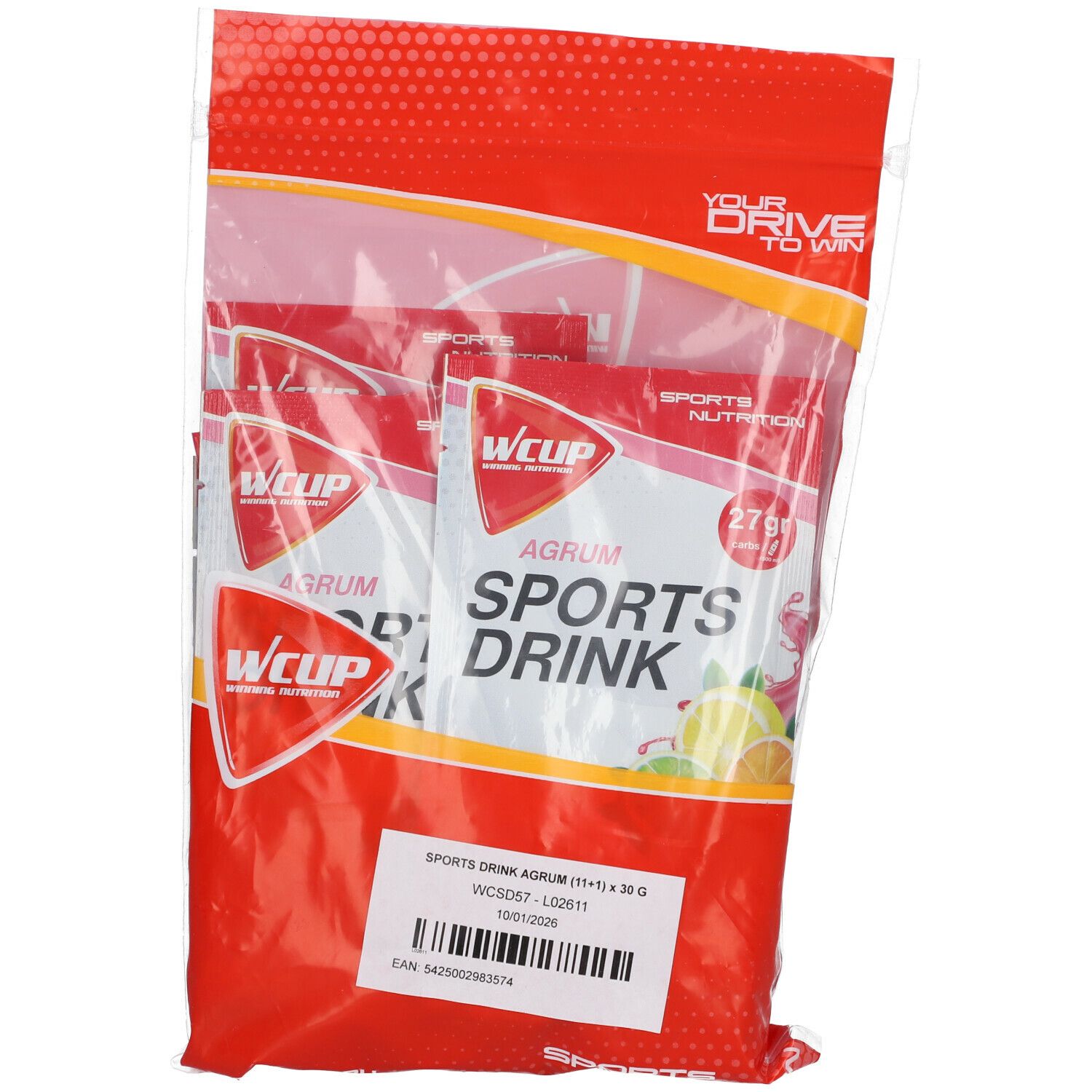Rode verpakking WCUP Sportgetränke Agrumes. Enkele zakjes met productnaam en logo. Opschrift: Sports Drink.