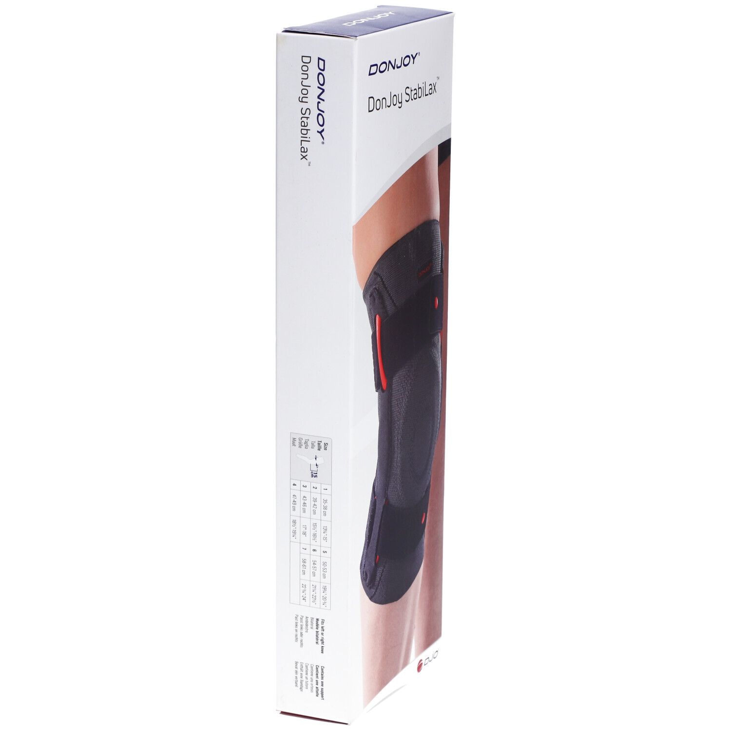 Emballage de la genouillère DonJoy StabiLax. Vue latérale, montrant le produit et les tailles.