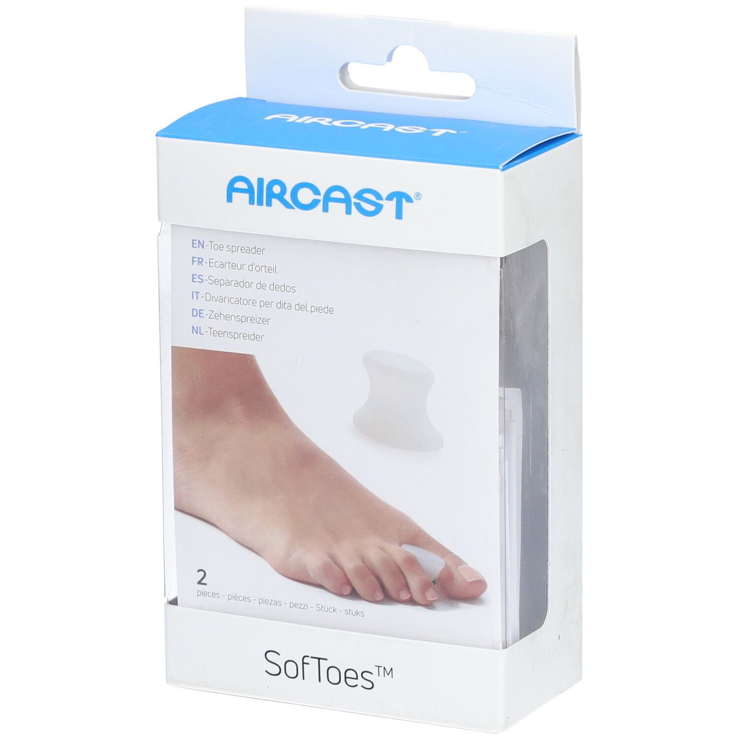 Boîte de deux écarteurs d'orteils. Marque Aircast, modèle SoftToes. Écarteur en silicone, en démonstration sur un pied.