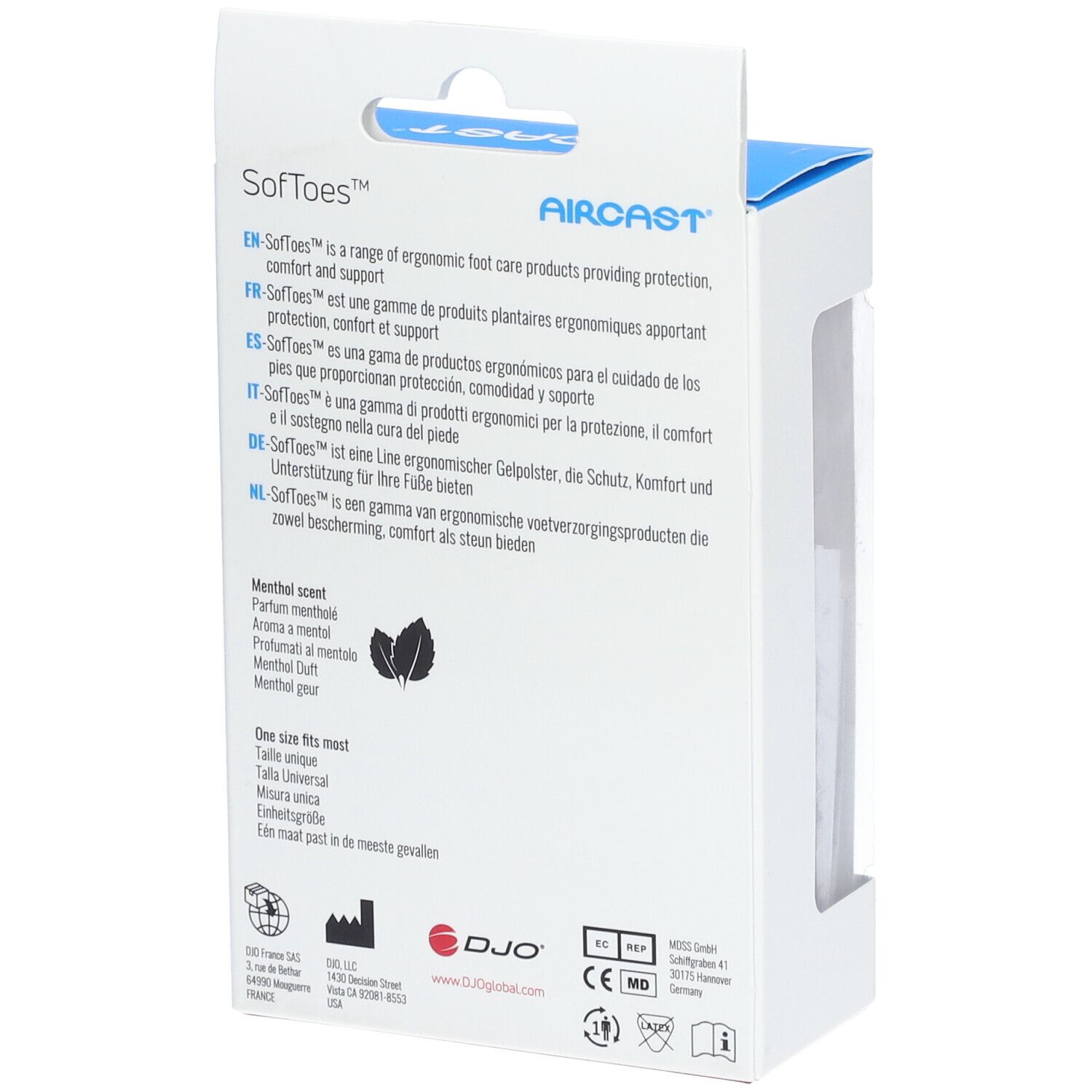 Dos de l'emballage. Marque Aircast, modèle SoftToes. Description multilingue, parfum menthe.