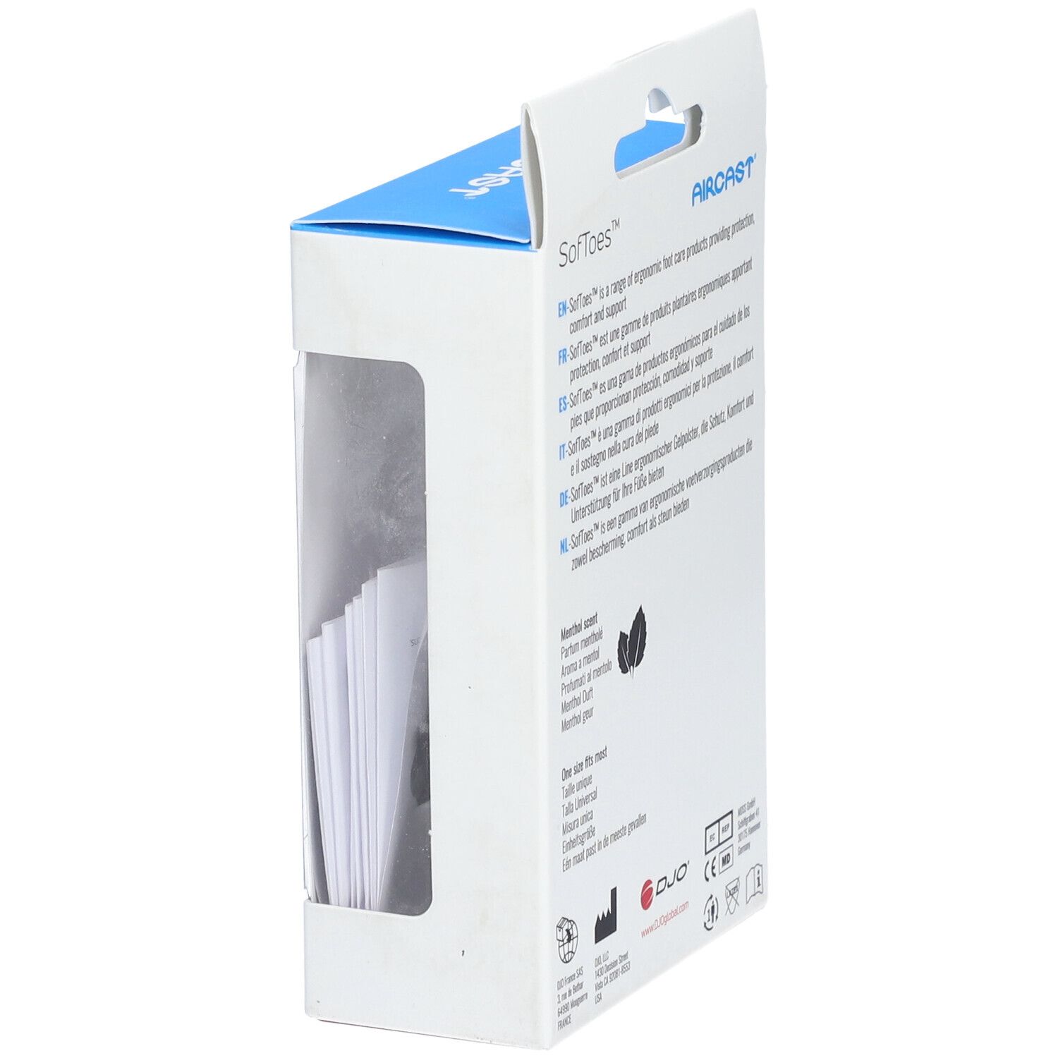 Vue latérale de l'emballage. Marque Aircast, modèle SoftToes. Description du produit et certifications.