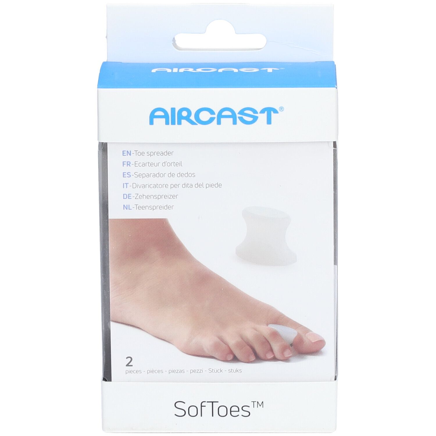 Boîte de deux écarteurs d'orteils. Marque Aircast, modèle SoftToes. Écarteurs en démonstration sur un pied.