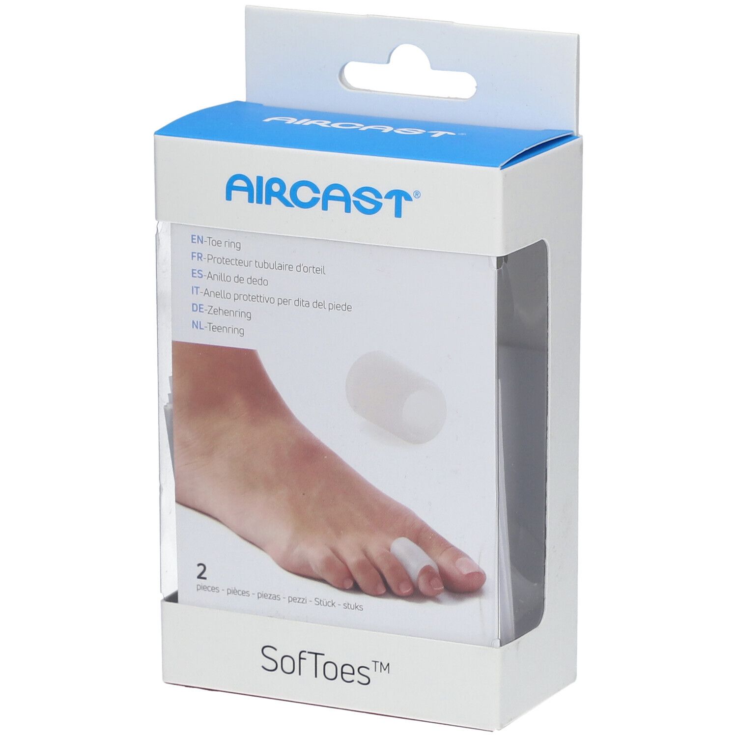 Boîte avec deux anneaux d'orteil. Marque Aircast, nom du produit SoftToes. Anneau d'orteil sur le pied.