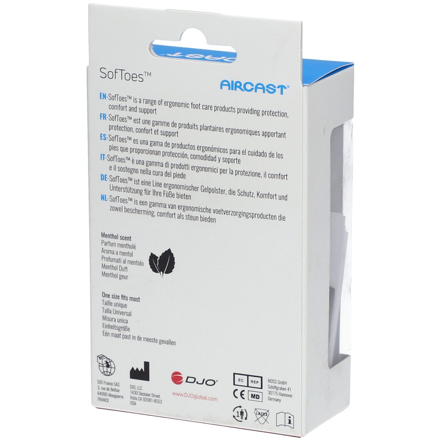 Dos de l'emballage avec informations produit. Marque Aircast, nom SoftToes. Texte en plusieurs langues.