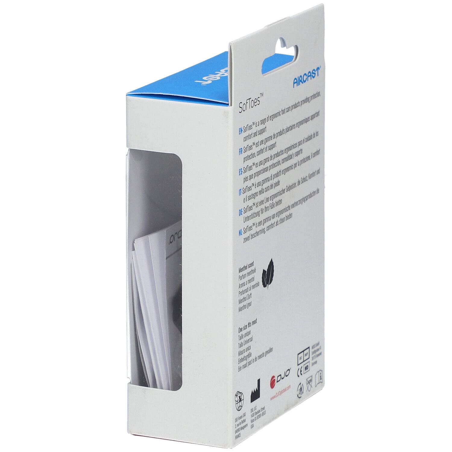 Vue latérale de l'emballage avec informations produit. Marque Aircast, nom SoftToes. Texte en plusieurs langues.