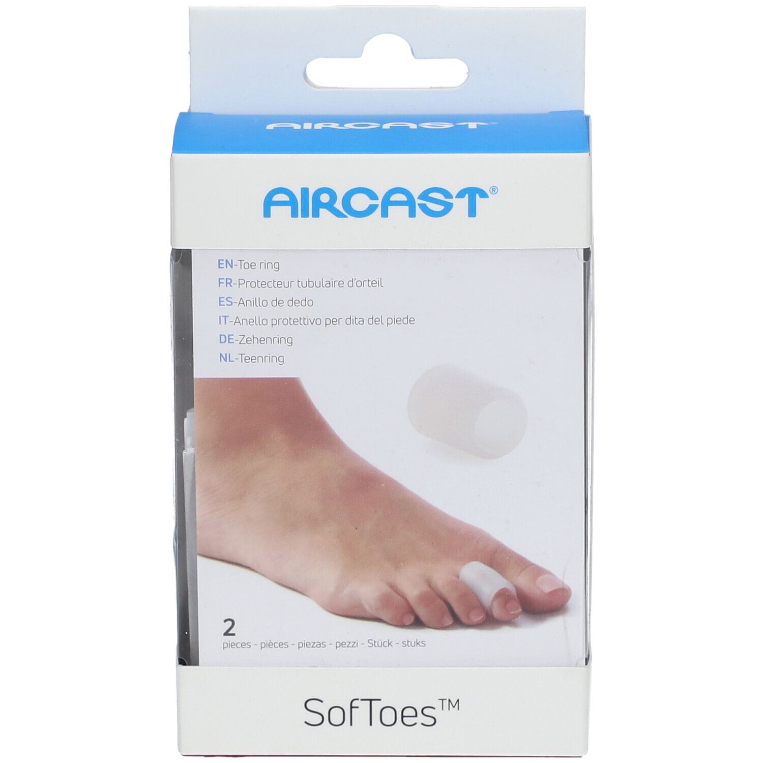 Boîte avec deux anneaux d'orteil. Marque Aircast, nom du produit SoftToes. Anneau d'orteil sur le pied.