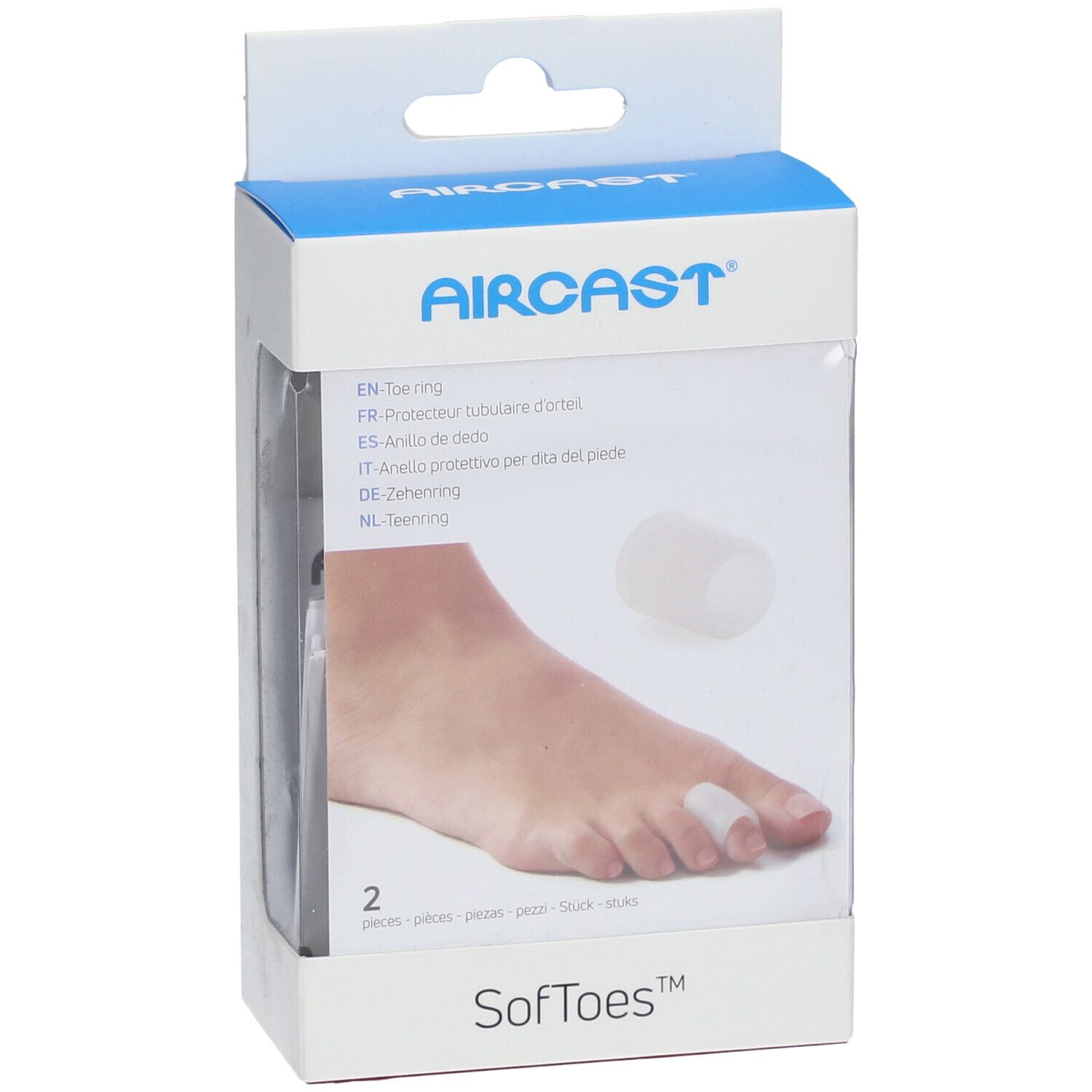 Boîte avec deux anneaux d'orteil. Marque Aircast, nom du produit SoftToes. Anneau d'orteil sur le pied.