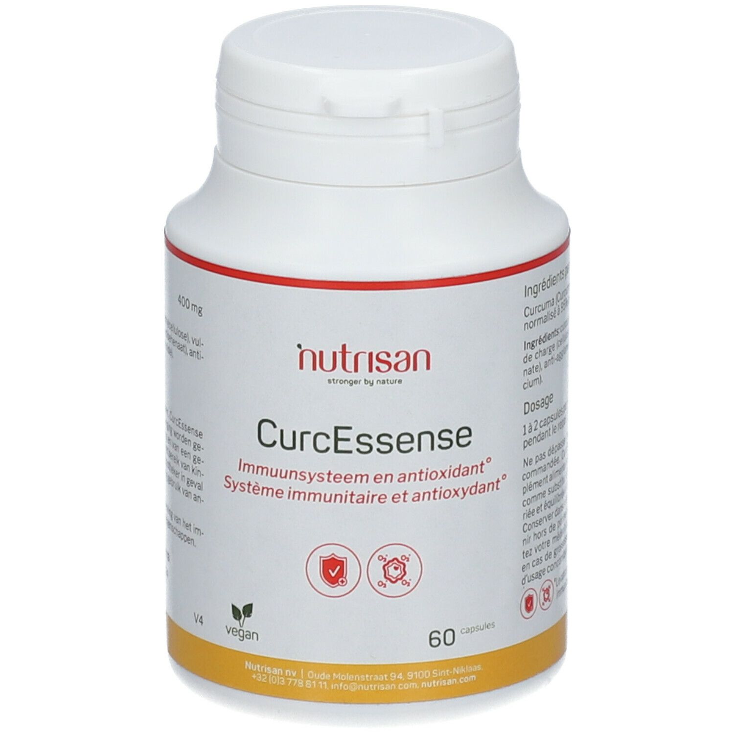 Witte fles Nutrisan CurcEssence, 60 capsules. Vegan logo. Opschrift: Immunsysteem en antioxidant.