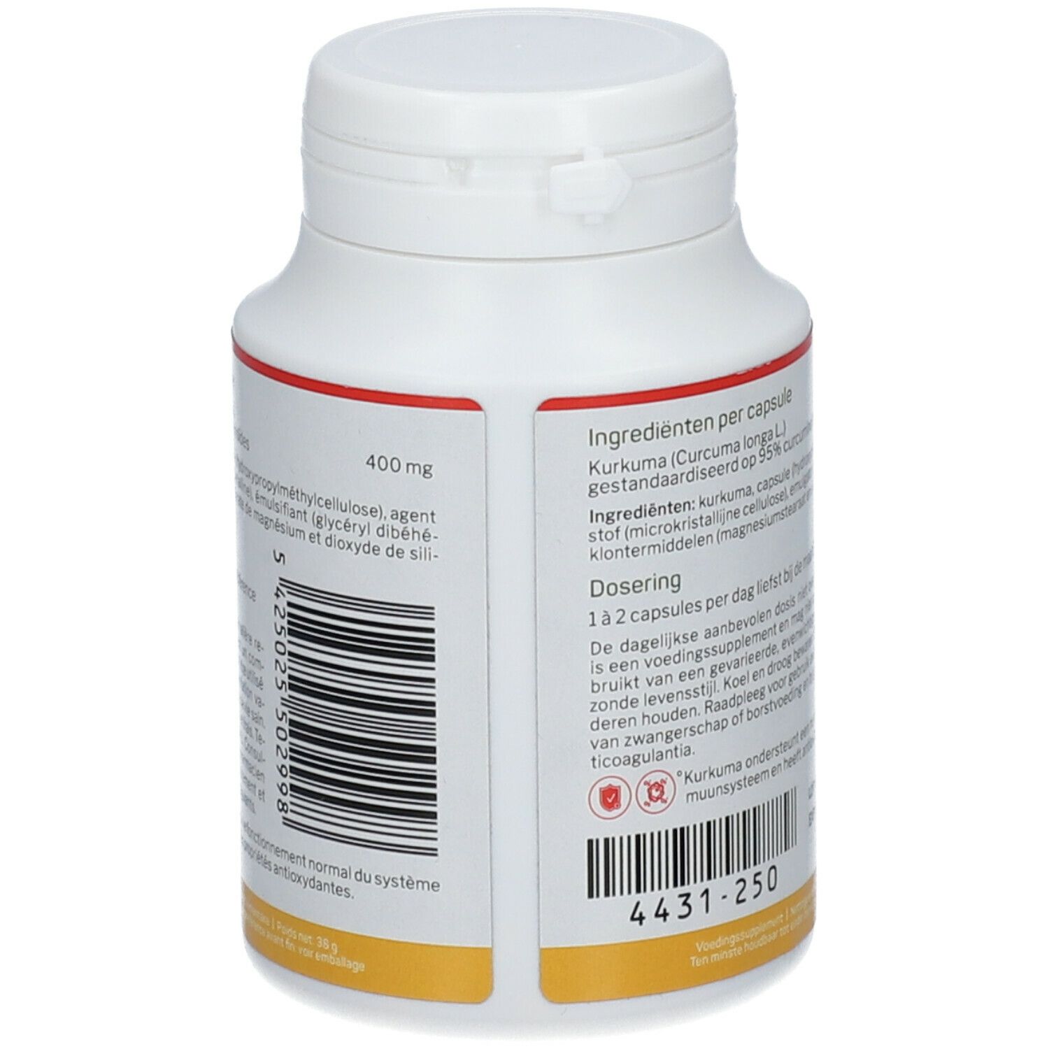 Achterkant witte fles Nutrisan CurcEssence. Ingrediëntenlijst, dosering. Barcode. Vegan logo.