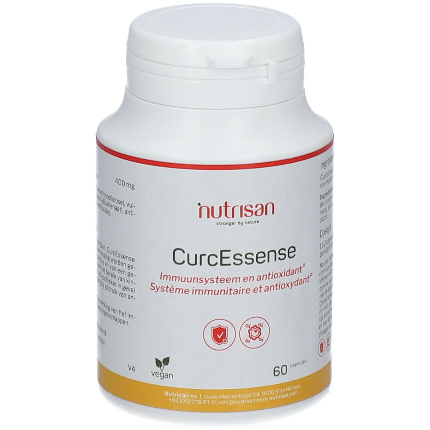 Witte fles Nutrisan CurcEssence, 60 capsules. Vegan logo. Opschrift: Immunsysteem en antioxidant.