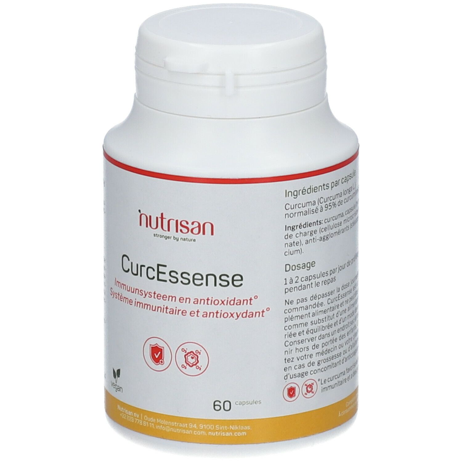 Witte fles Nutrisan CurcEssence, 60 capsules. Vegan logo. Opschrift: Immunsysteem en antioxidant.