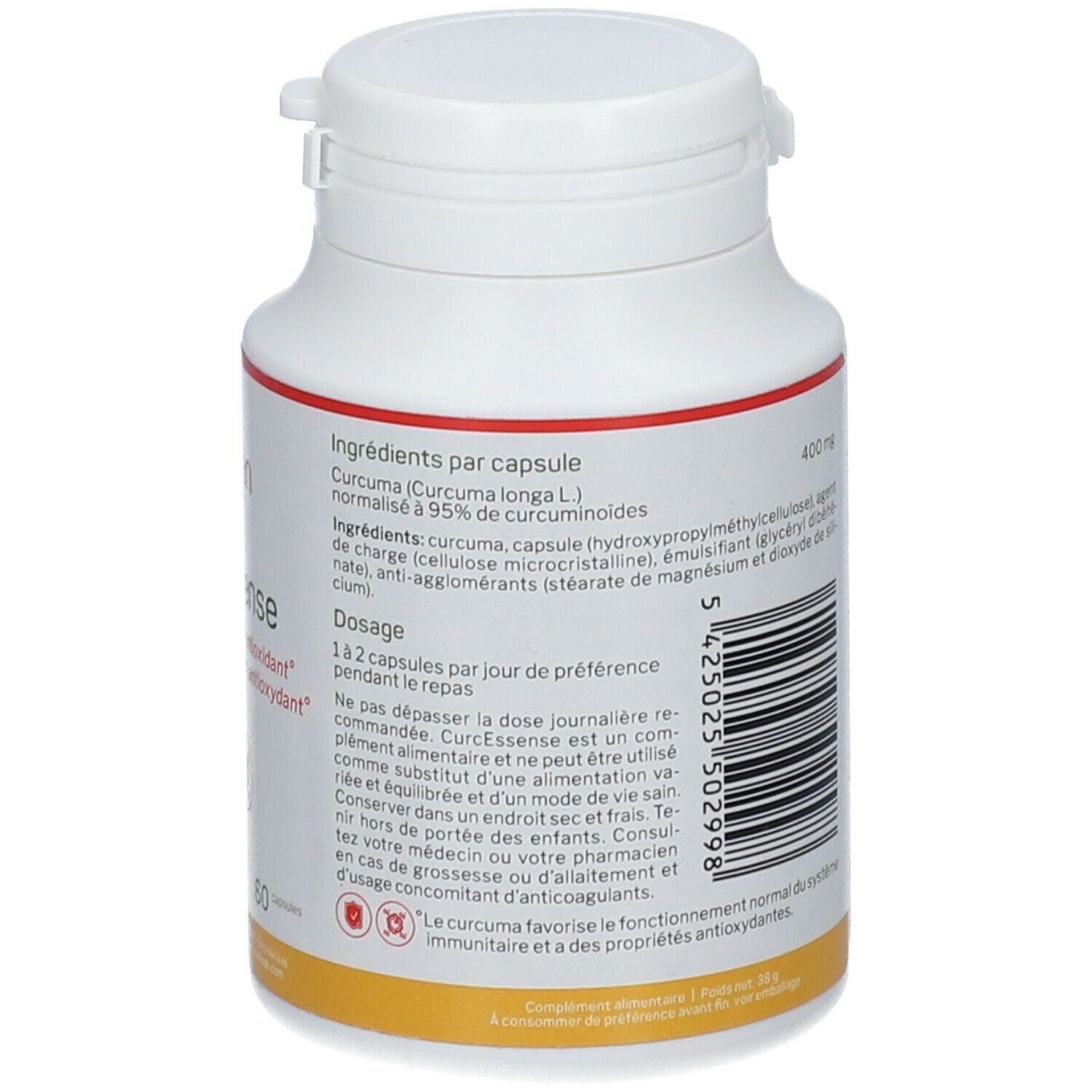 Achterkant witte fles Nutrisan CurcEssence. Ingrediëntenlijst, dosering. Barcode. Vegan logo.