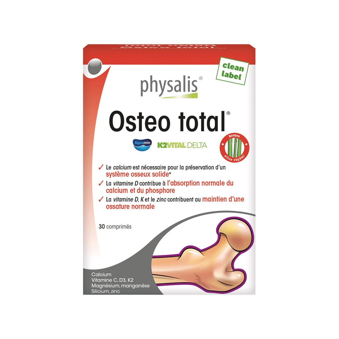 Physalis Osteo total. Boîte avec 30 comprimés. Contient calcium, vitamine C, D3, K2, magnésium, manganèse, silicium, zinc.