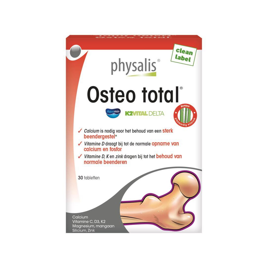 Physalis Osteo total. Verpakking met 30 tabletten. Bevat calcium, vitamine C, D3, K2, magnesium, mangaan, silicium, zink.