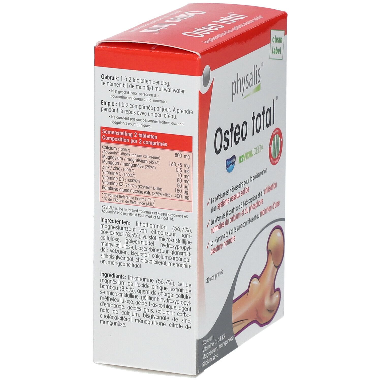 Verpakking Physalis Osteo total met ingrediënten en dosering. Bevat calcium, magnesium, zink, vitamine D3, K2, etc.