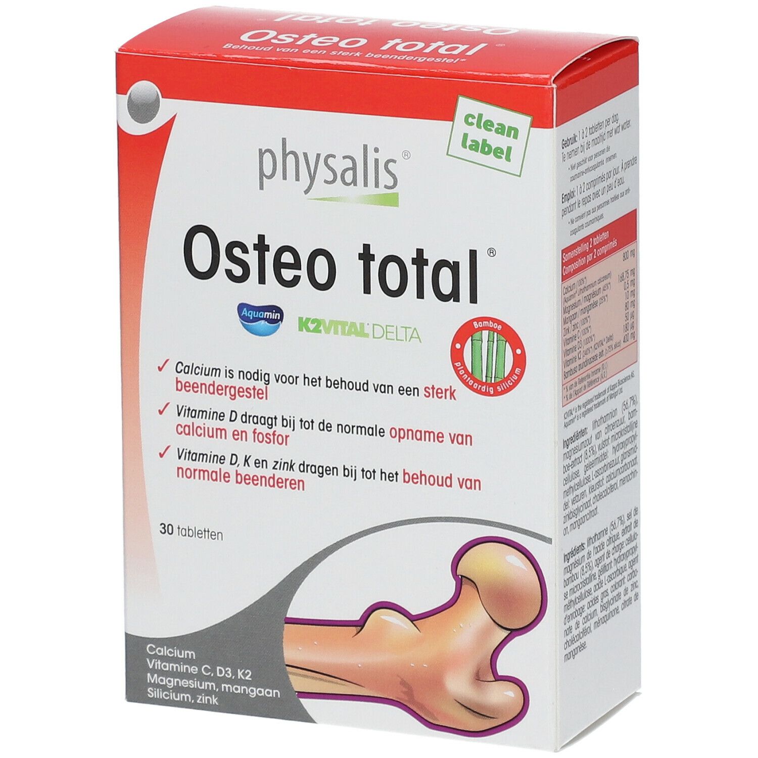 Verpakking Physalis Osteo total met 30 tabletten. Bevat calcium, vitamine C, D3, K2, magnesium, mangaan, silicium, zink.