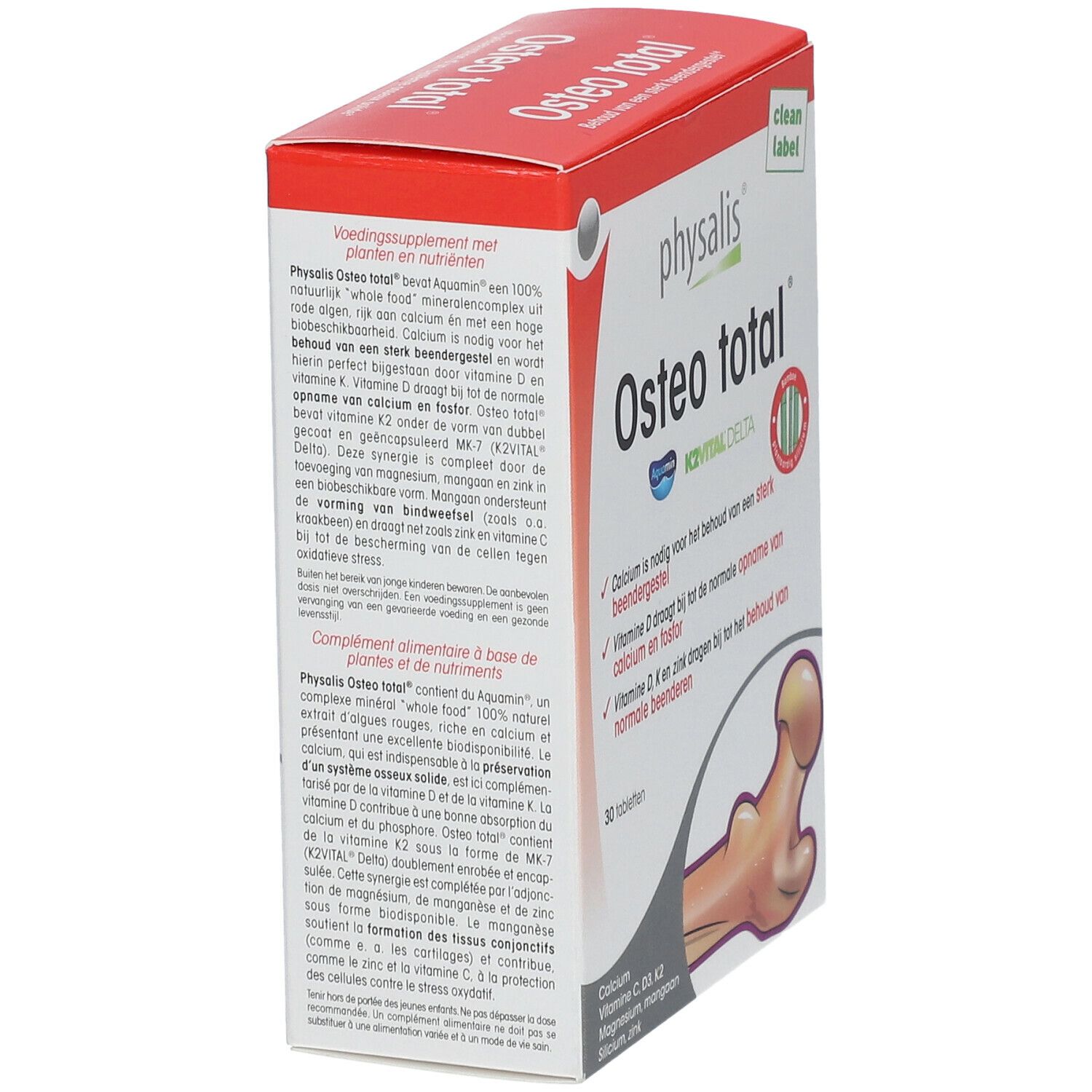 Physalis Osteo total. Verpakking met ingrediënten en beschrijving. Bevat calcium, vitamine D3, K2, etc. 30 tabletten.