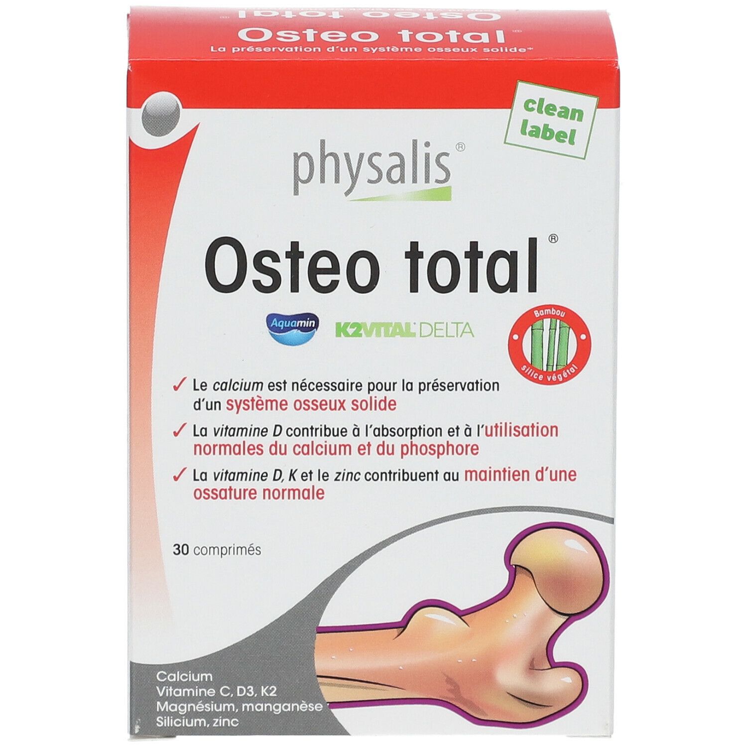 Verpakking Physalis Osteo total met 30 tabletten. Bevat calcium, vitamine C, D3, K2, magnesium, mangaan, silicium, zink.