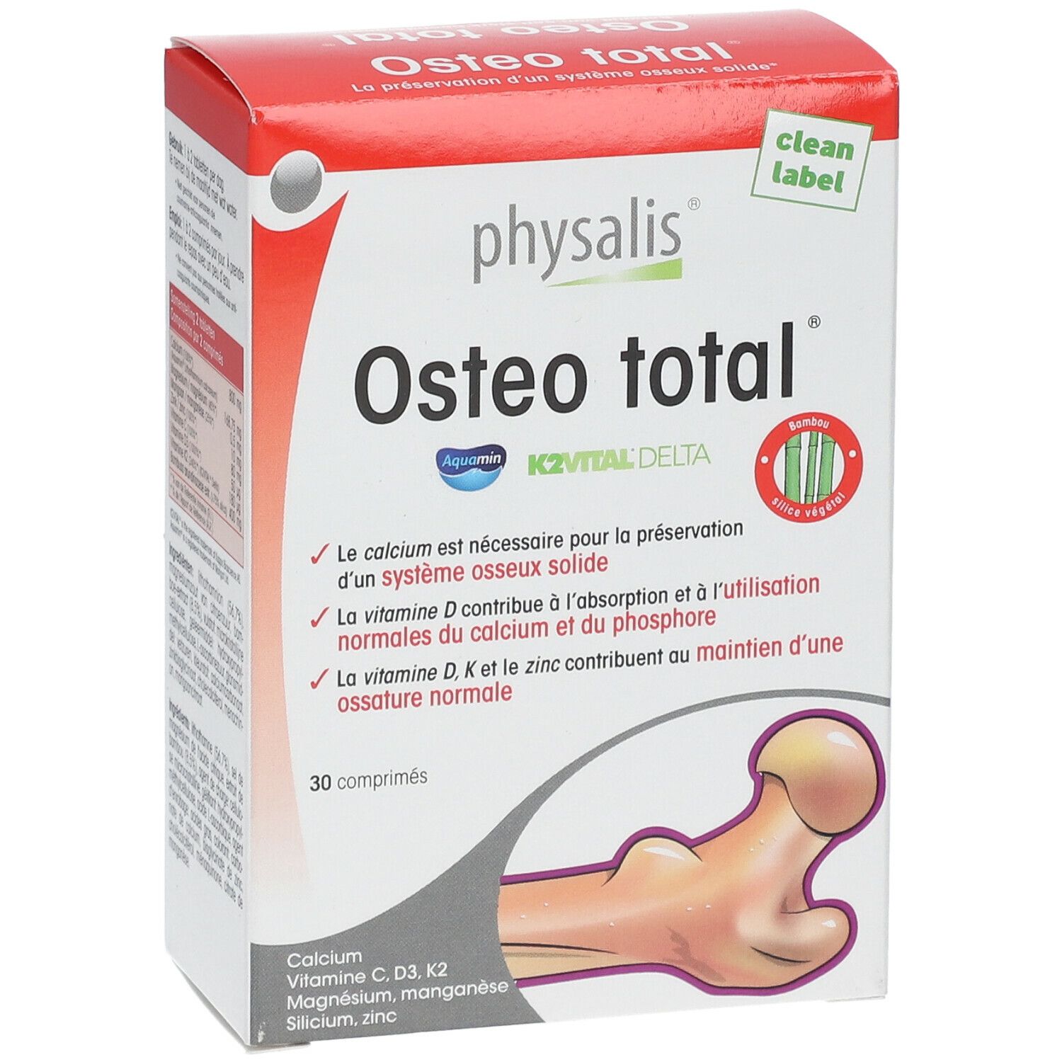 Verpakking Physalis Osteo total met 30 tabletten. Bevat calcium, vitamine C, D3, K2, magnesium, mangaan, silicium, zink.