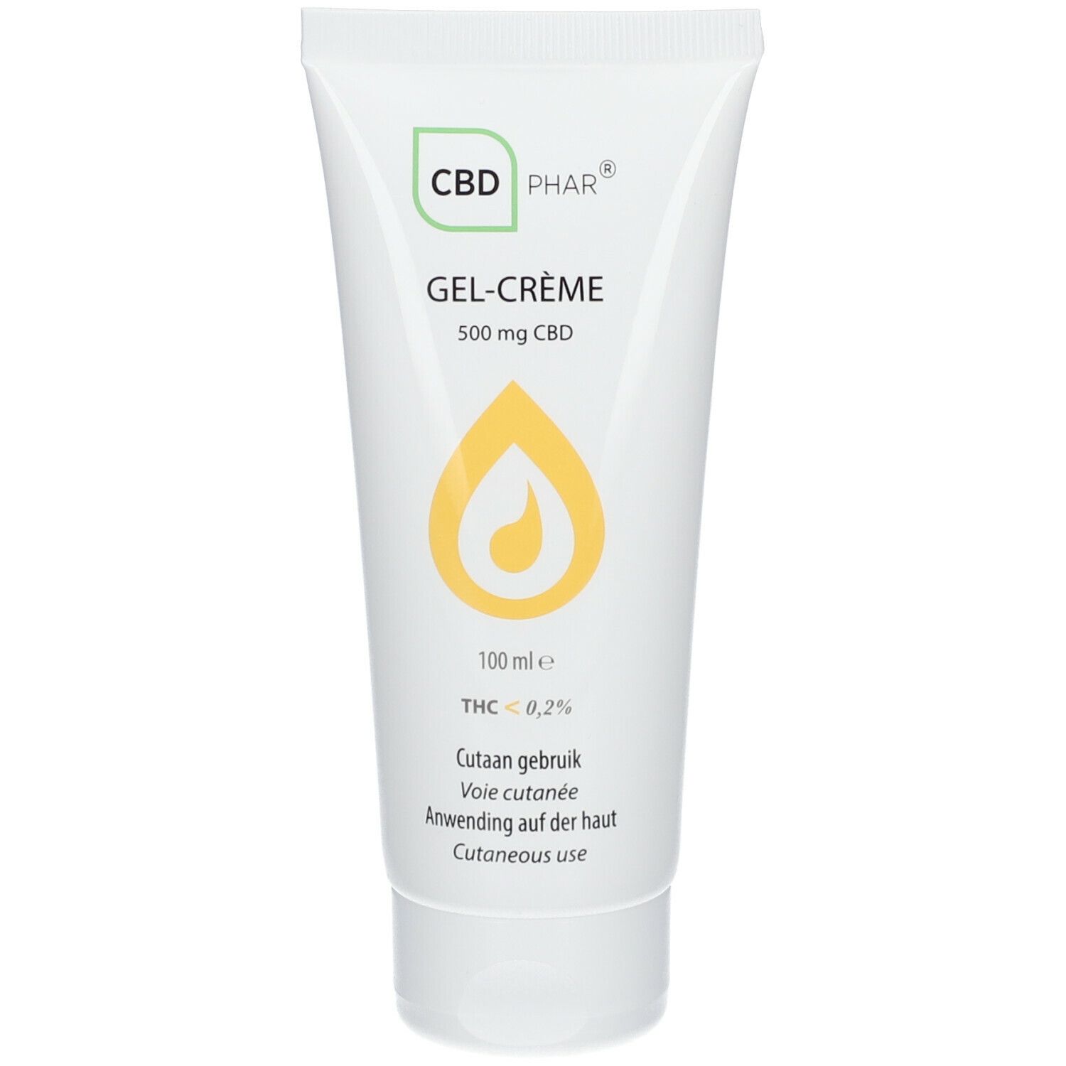 Tube blanc avec logo CBD PHAR, Gel-Crème, 500 mg CBD. Design goutte jaune. Texte: Cutan gebruik, Voie cutanée, Anwendung auf der Haut, Cutaneous use.