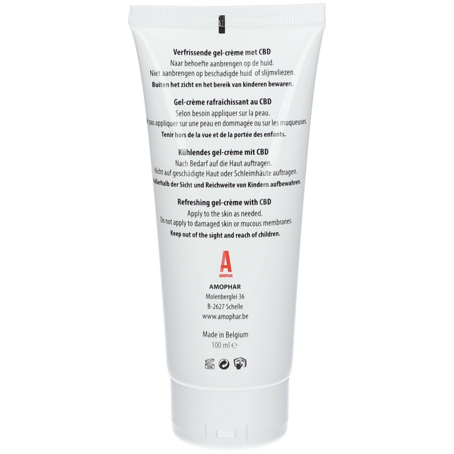 Dos du tube blanc. Texte: Gel-Crème rafraîchissant au CBD, ne pas appliquer sur peau endommagée, tenir hors de portée des enfants. Logo A.