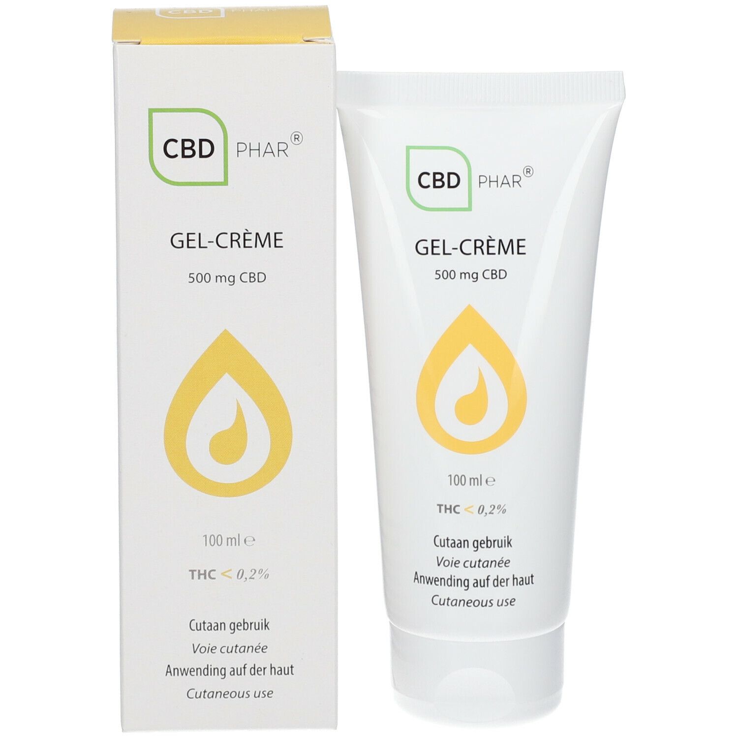 Emballage du produit: tube et boîte. Tube: CBD PHAR, Gel-Crème, 500 mg CBD. Boîte: CBD PHAR, Gel-Crème, 500 mg CBD. Design goutte jaune. Texte: Cutan gebruik.