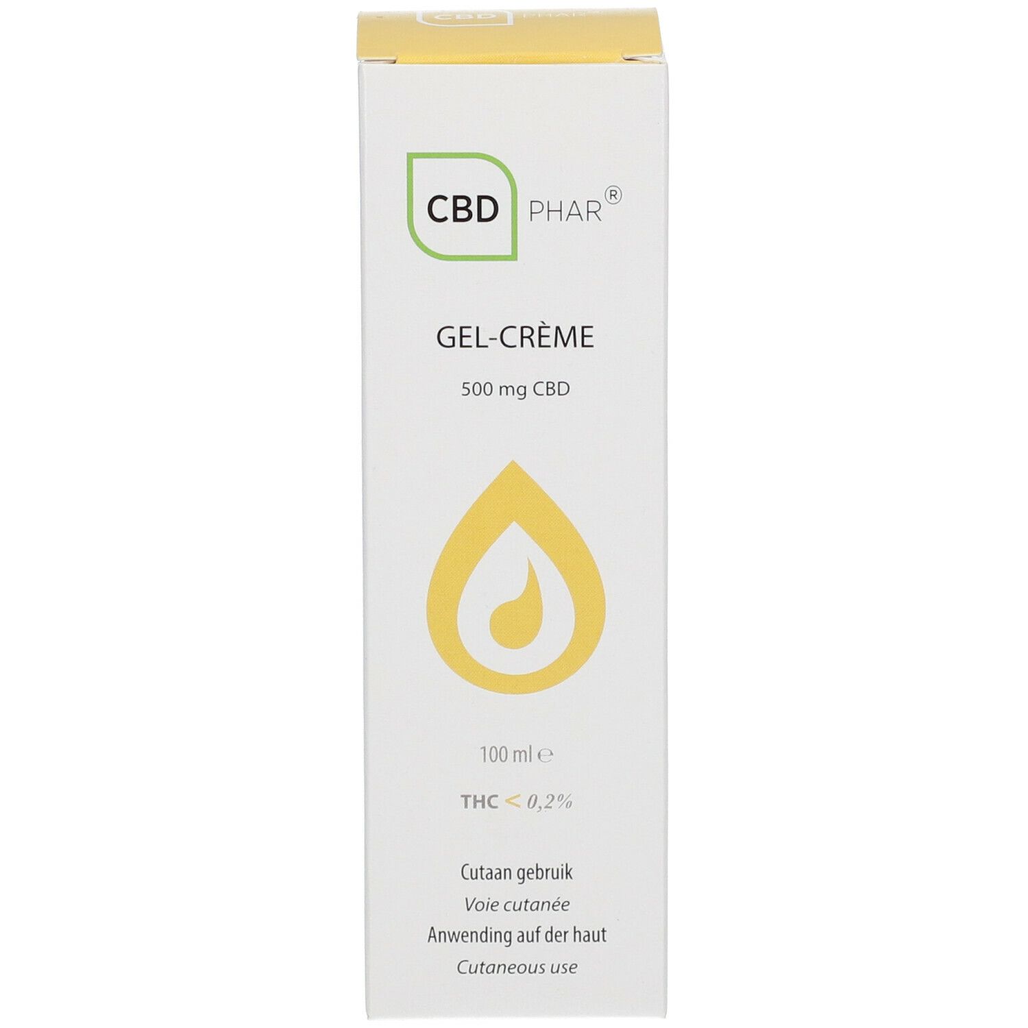 Boîte blanche avec logo CBD PHAR, Gel-Crème, 500 mg CBD. Design goutte jaune. Texte: Cutan gebruik, Voie cutanée, Anwendung auf der Haut, Cutaneous use.