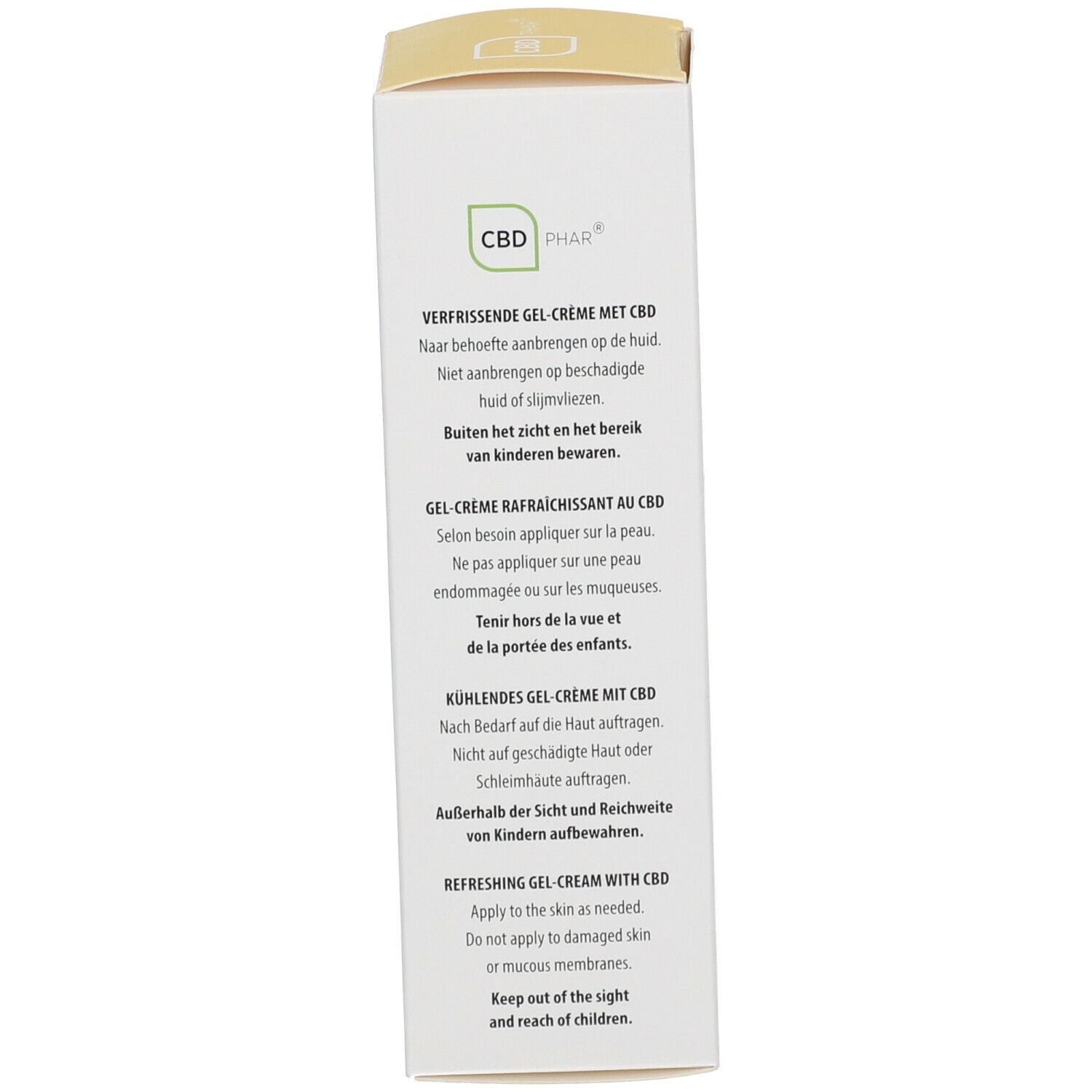 Dos de la boîte. Texte: Gel-Crème rafraîchissant au CBD, ne pas appliquer sur peau endommagée, tenir hors de portée des enfants.