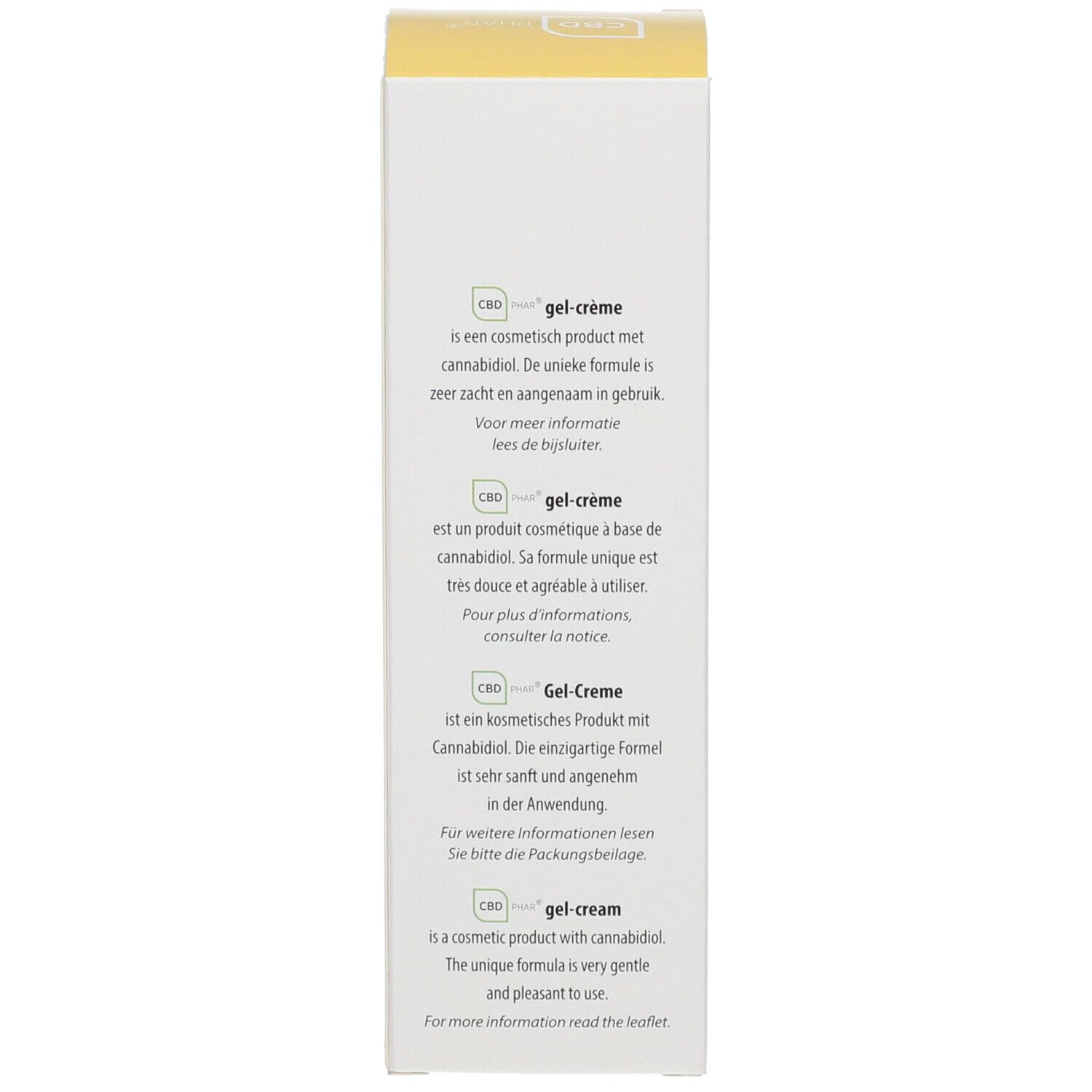 Côté de la boîte. Texte: Gel-Crème, un produit cosmétique à base de cannabidiol. Pour plus d'informations, consulter la notice.