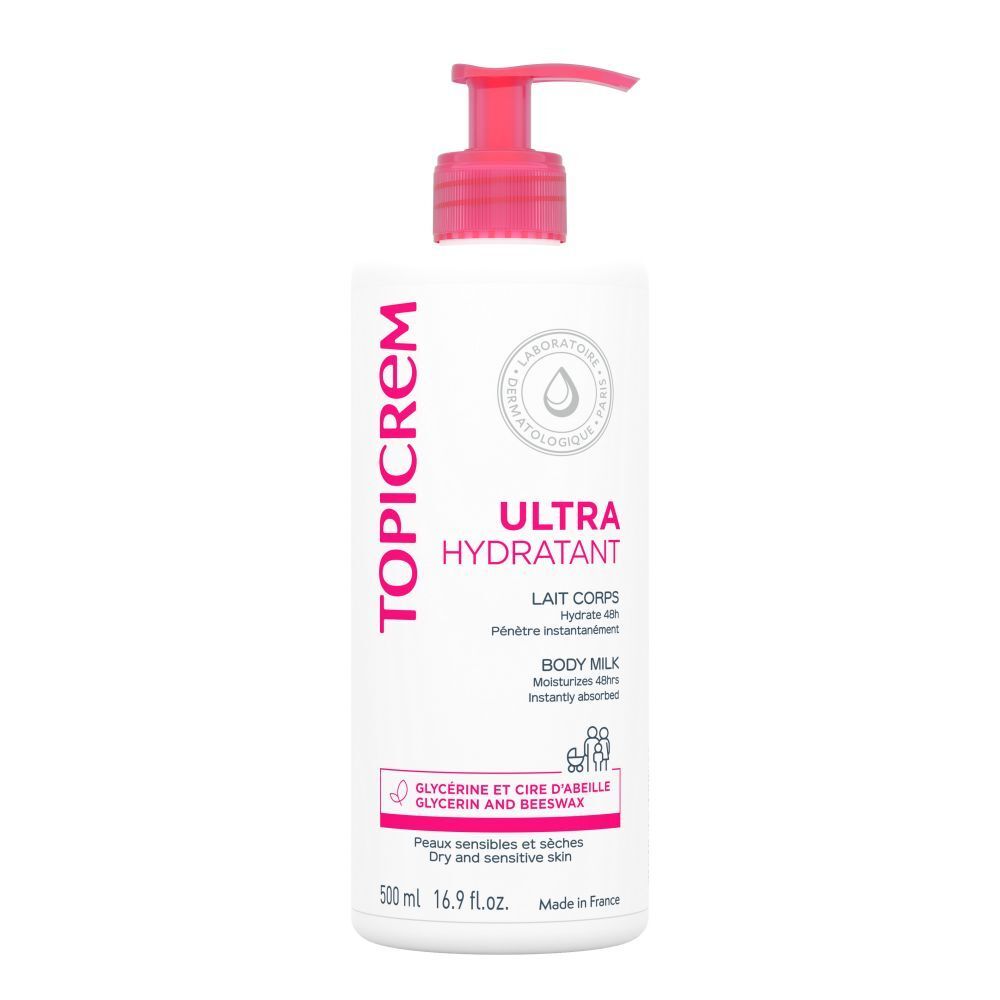 Witte fles met roze pomp. Opschrift TOPICREM, ULTRA HYDRATANT, Lait Corps. Voor de droge huid.
