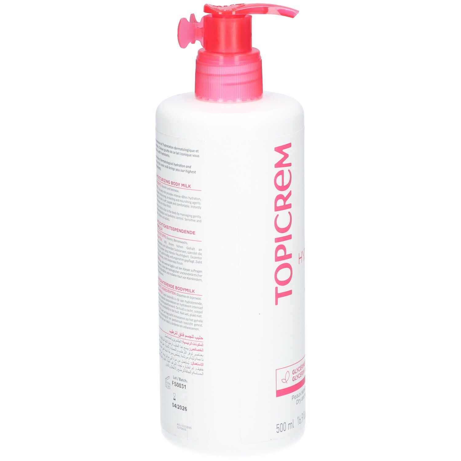 Witte fles met roze pomp. Opschrift TOPICREM, ULTRA HYDRATANT, Lait Corps. Tekst op de achterkant.
