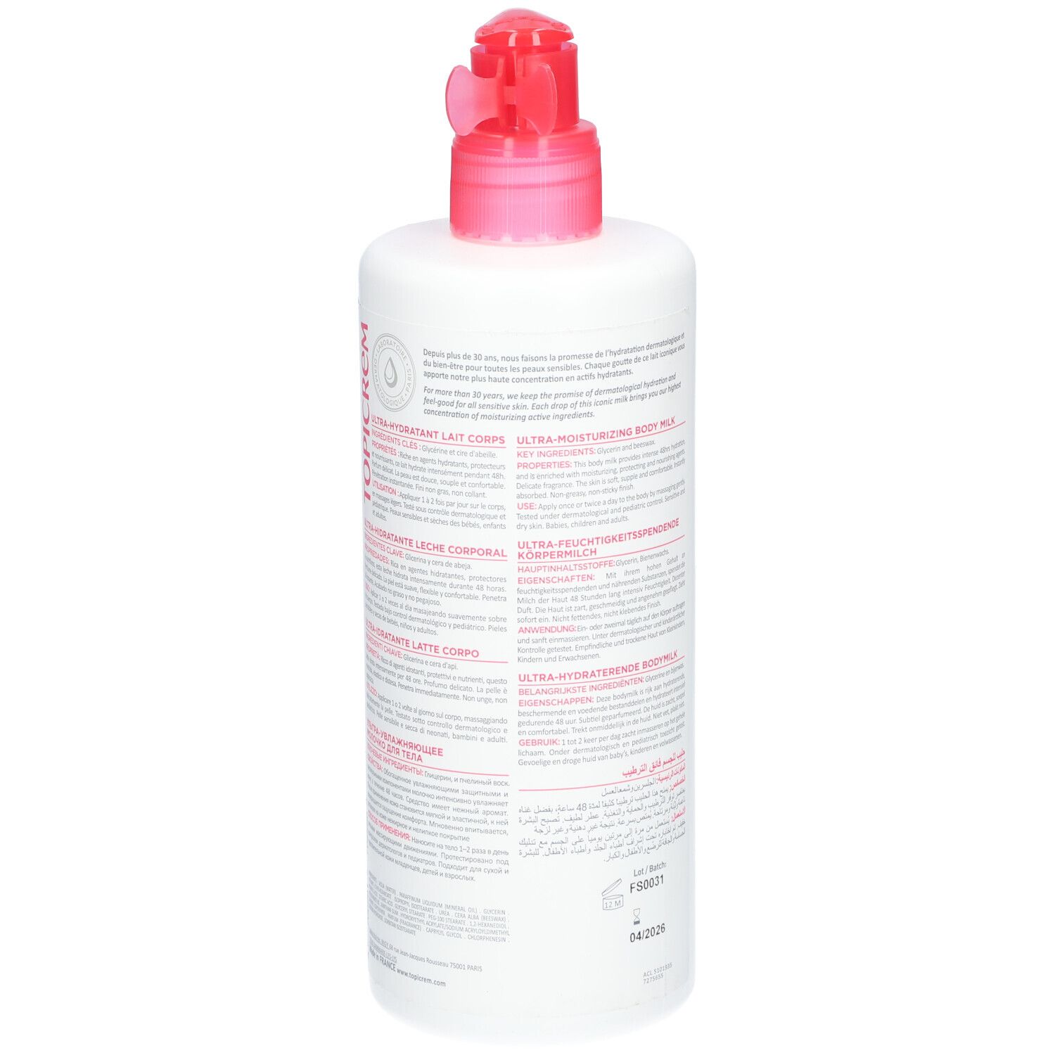 Witte fles met roze pomp. Opschrift TOPICREM, ULTRA HYDRATANT, Lait Corps. Tekst op de achterkant.