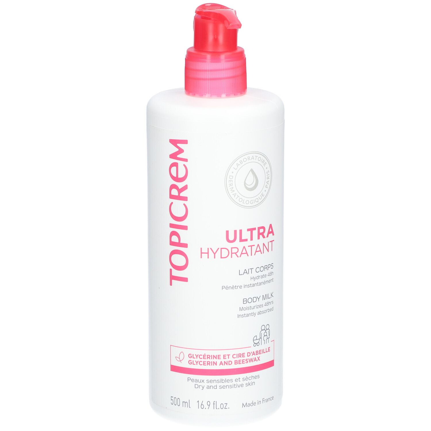 Witte fles met roze pomp. Opschrift TOPICREM, ULTRA HYDRATANT, Lait Corps. Voor de droge huid.