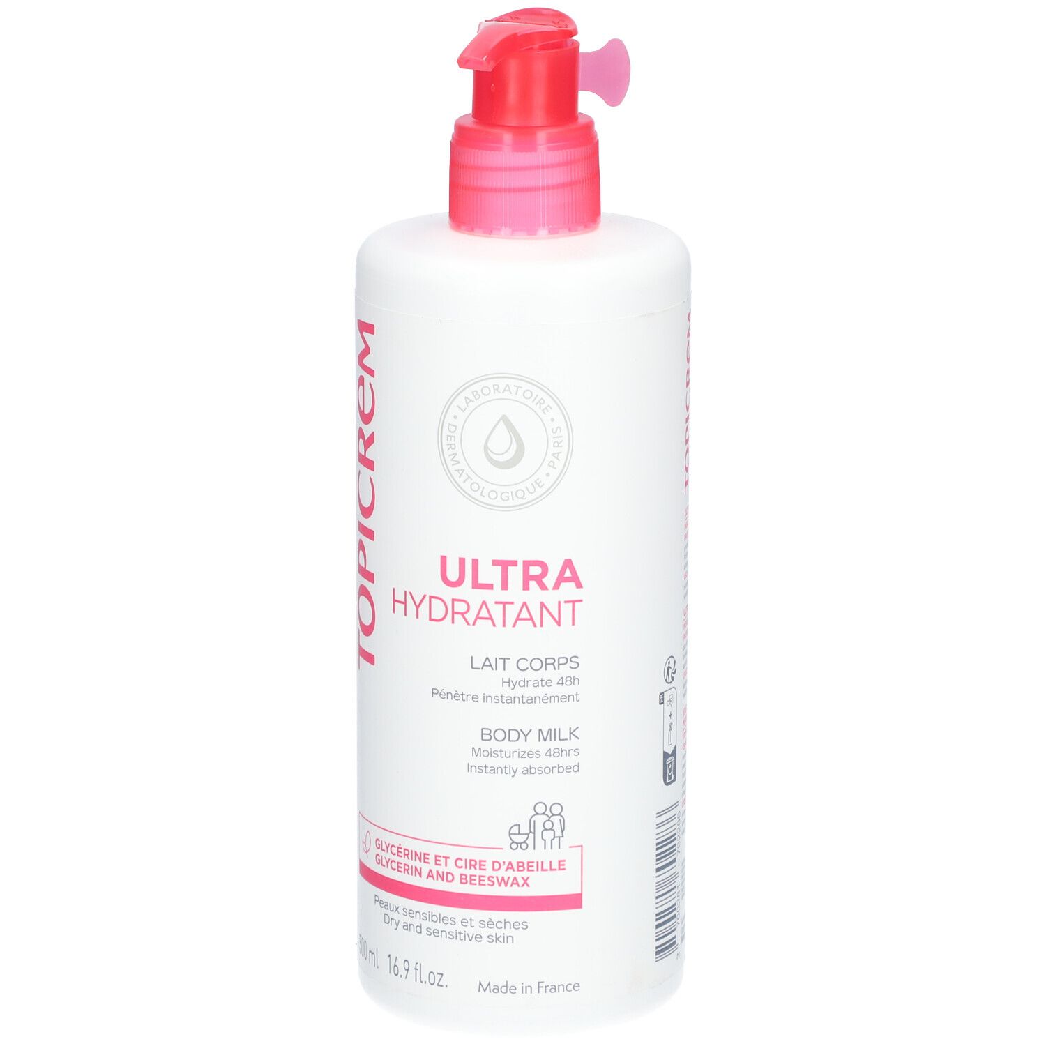 Witte fles met roze pomp. Opschrift TOPICREM, ULTRA HYDRATANT, Lait Corps. Voor de droge huid.