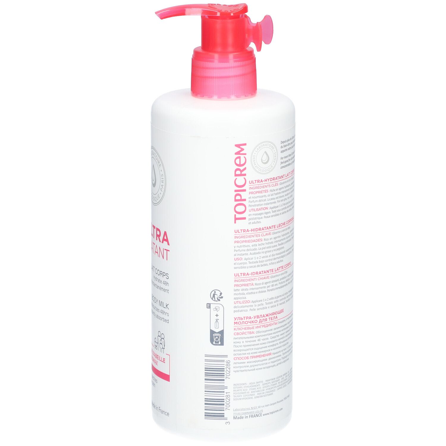 Witte fles met roze pomp. Opschrift TOPICREM, ULTRA HYDRATANT, Lait Corps. Tekst op de achterkant.