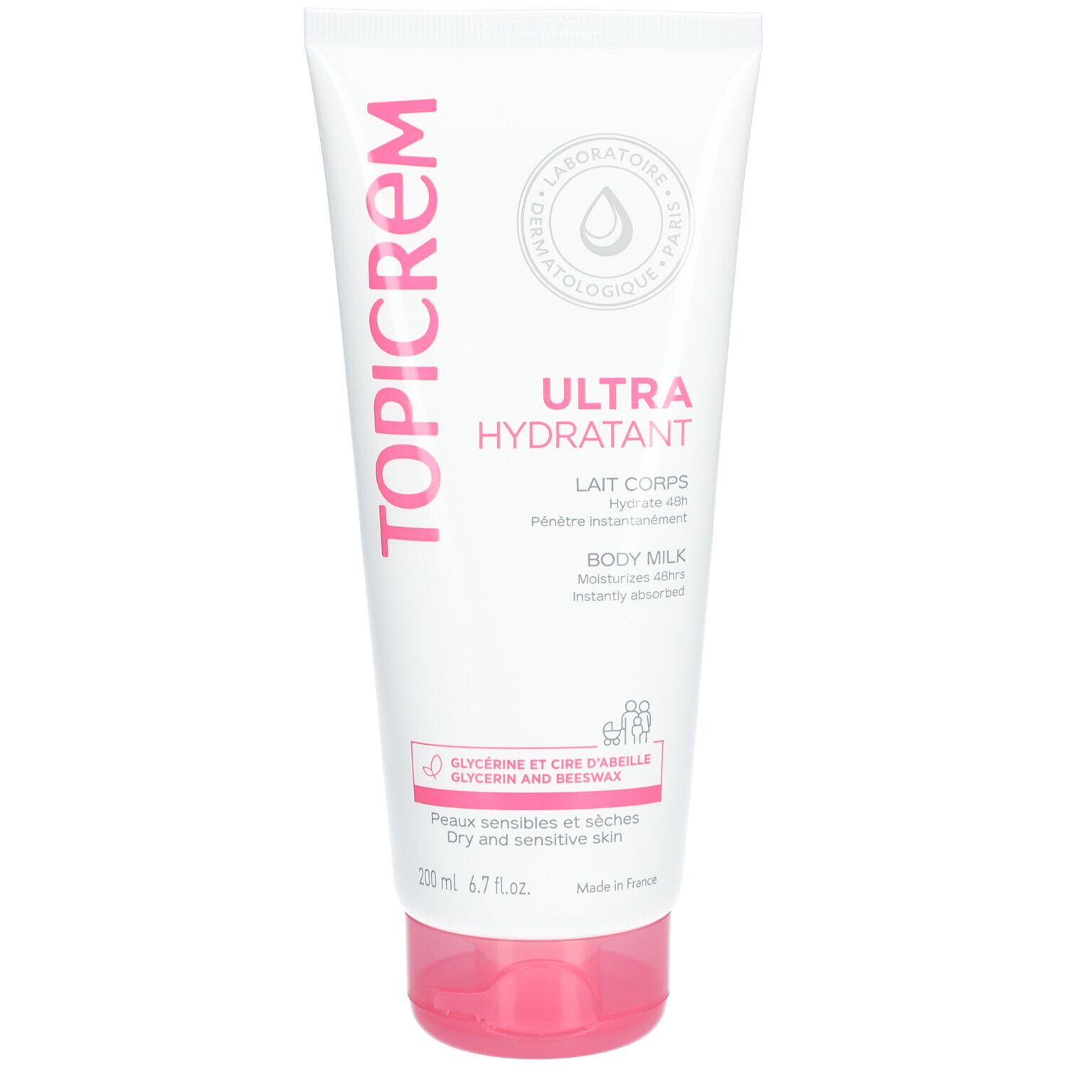 Witte tube TOPICREM Ultra Hydratant Lait Corps. Roze tekst en logo. Dermatologisch getest. Roze dop.