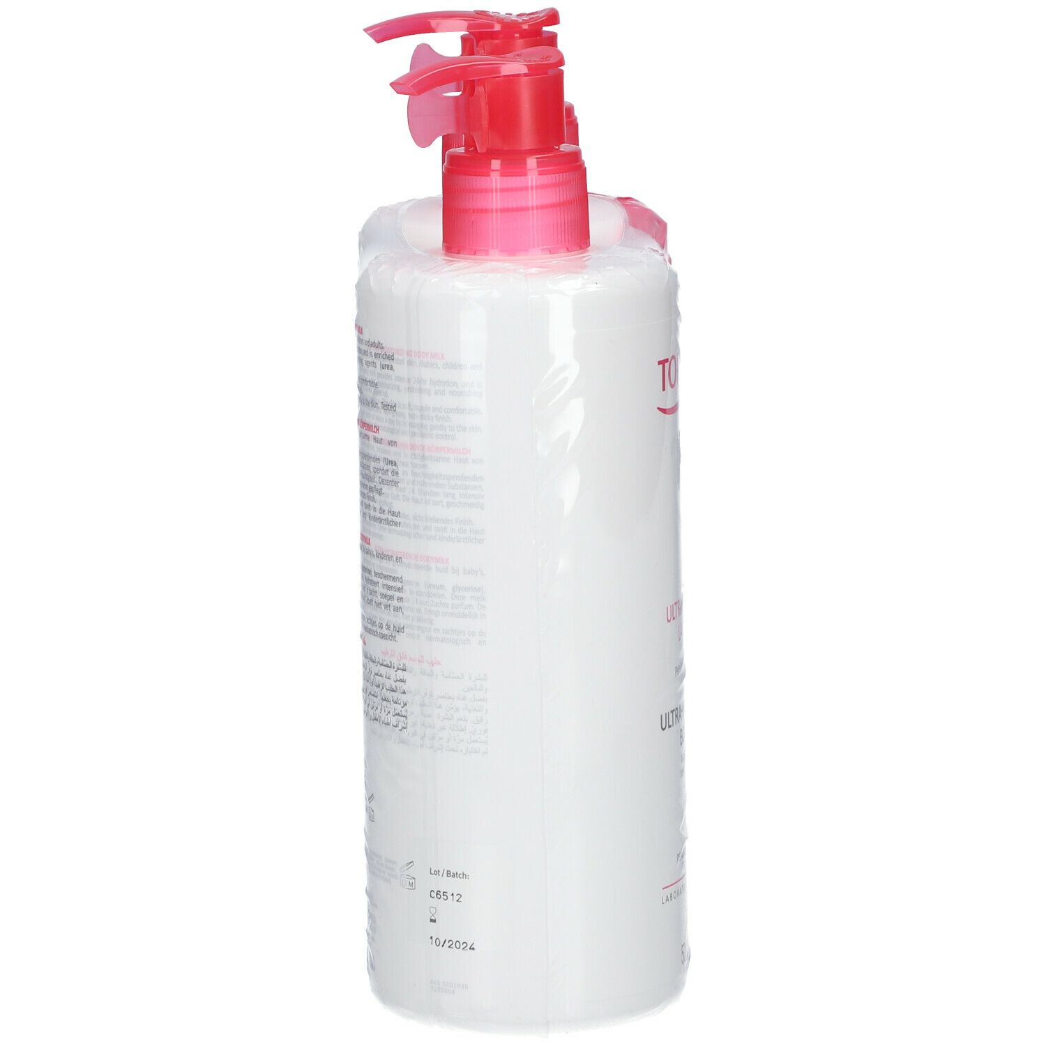 Zijaanzicht van een verpakte fles TOPICREM Ultra-Hydratant Lait Corps. Witte fles met roze pomp. Tekst op de verpakking.