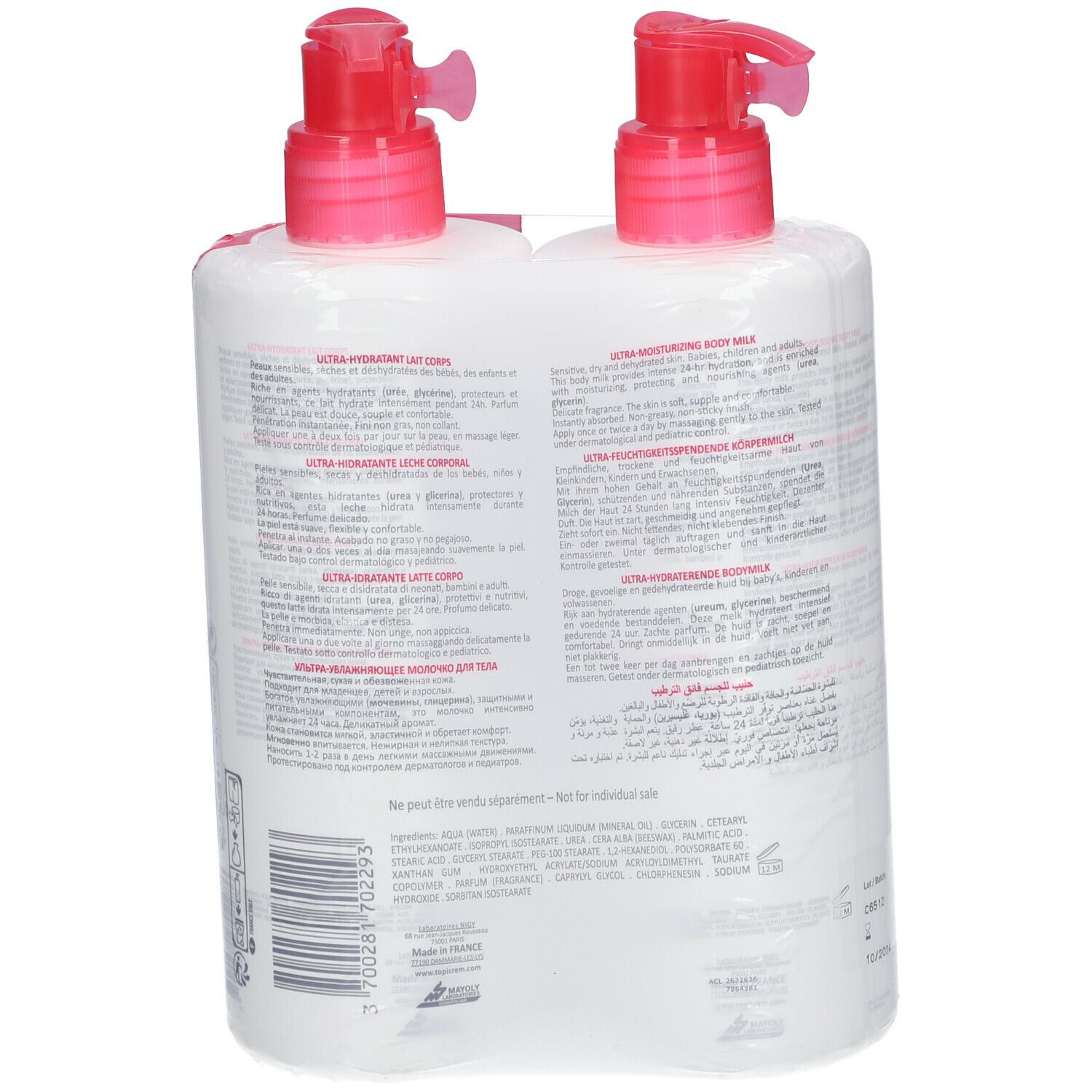 Achterkant van twee verpakte flessen TOPICREM Ultra-Hydratant Lait Corps. Tekst op de verpakking. Witte en roze flessen.