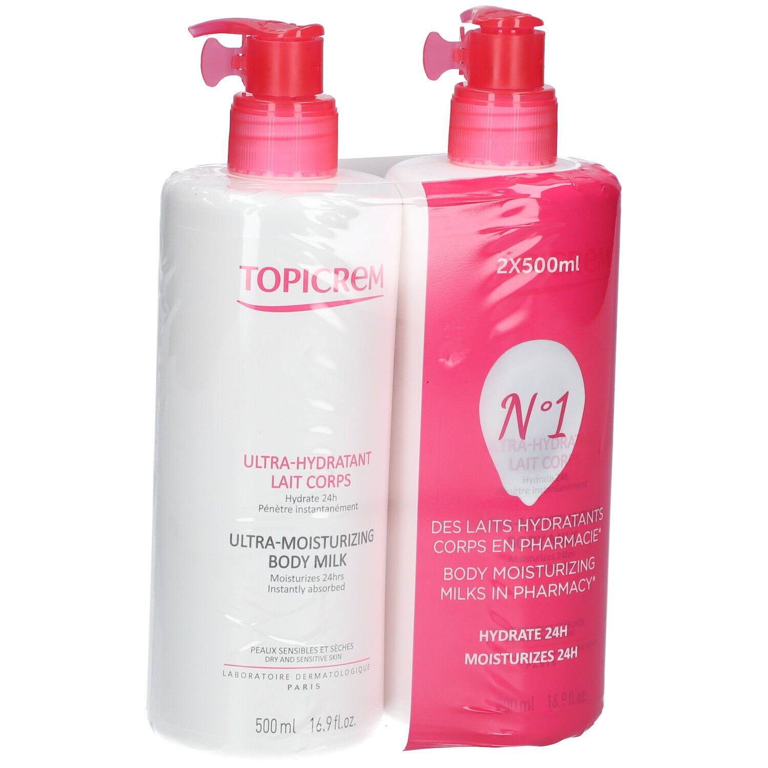 Twee verpakte flessen TOPICREM Ultra-Hydratant Lait Corps. Witte en roze flessen met roze pompen. Tekst: TOPICREM, Ultra-Hydratant.