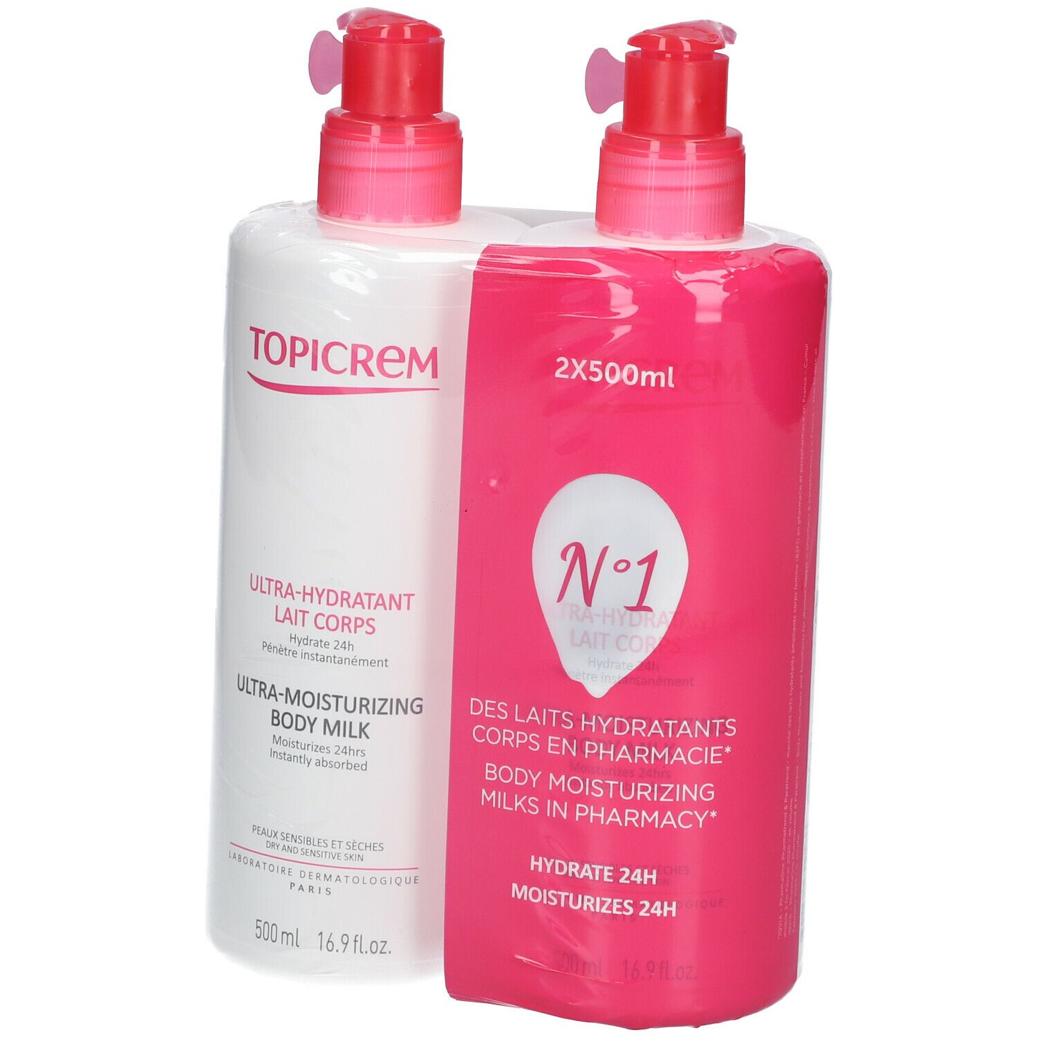 Twee verpakte flessen TOPICREM Ultra-Hydratant Lait Corps. Witte en roze flessen met roze pompen. Tekst: TOPICREM, Ultra-Hydratant.