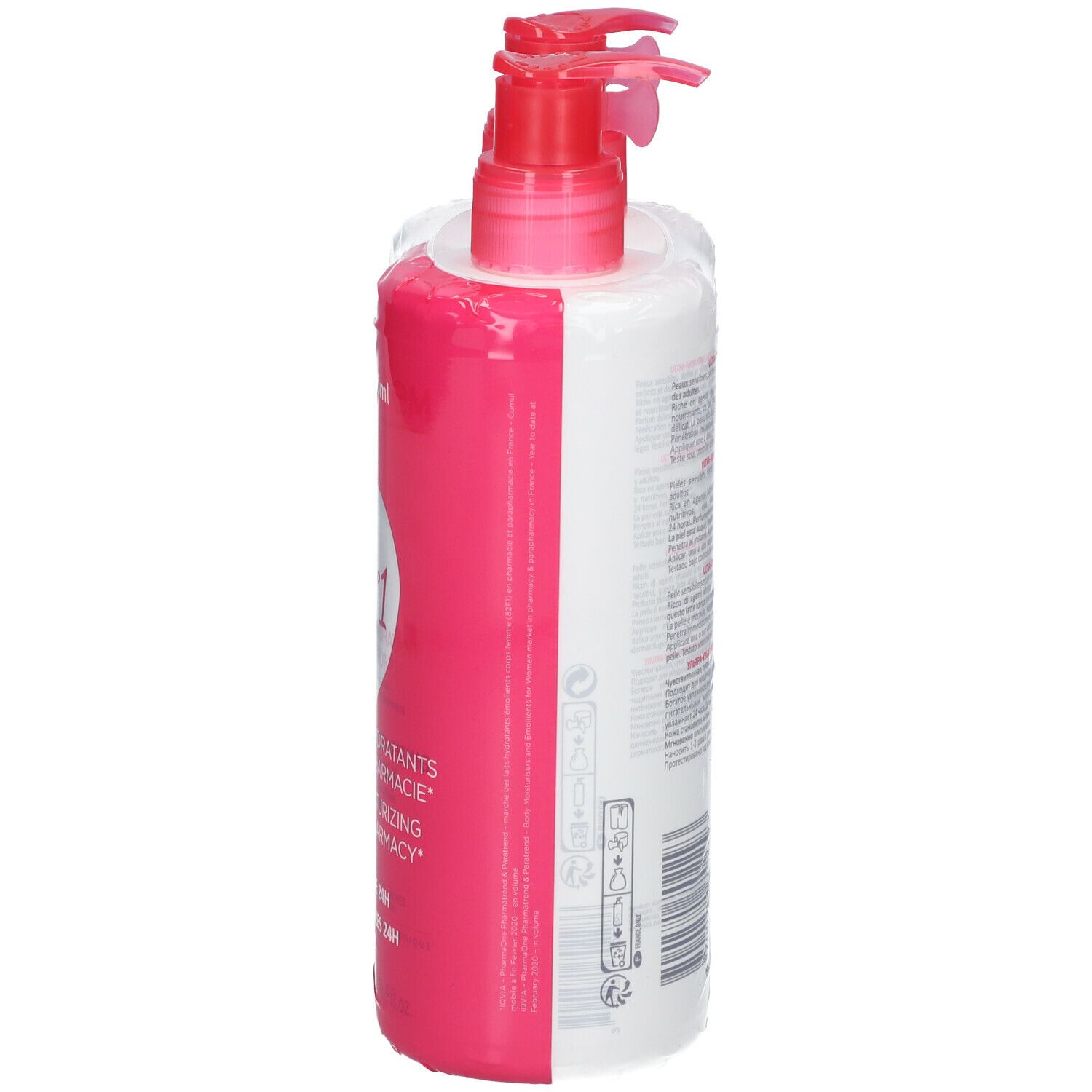 Zijaanzicht van twee verpakte flessen TOPICREM Ultra-Hydratant Lait Corps. Roze en witte flessen met roze pompen.