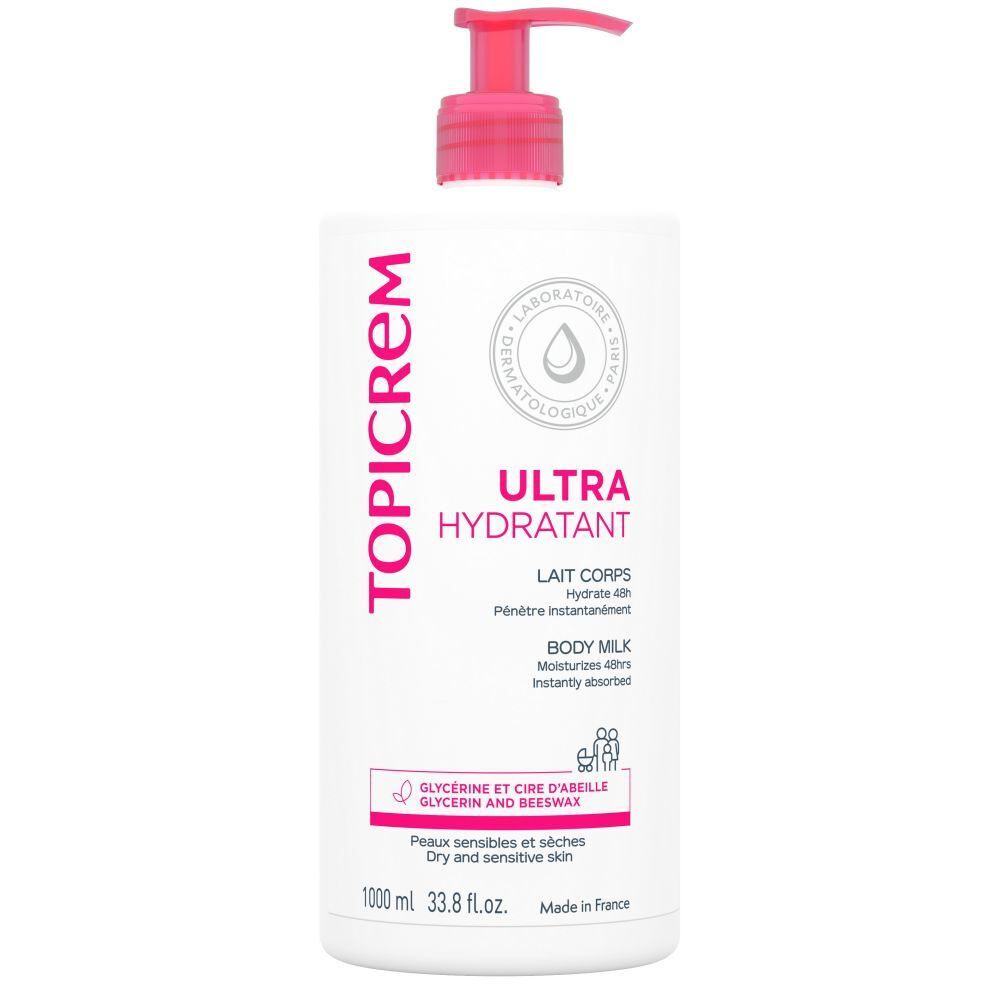 Flacon blanc avec pompe rose. Inscription TOPICREM, ULTRA HYDRATANT, Lait Corps. 1000 ml.