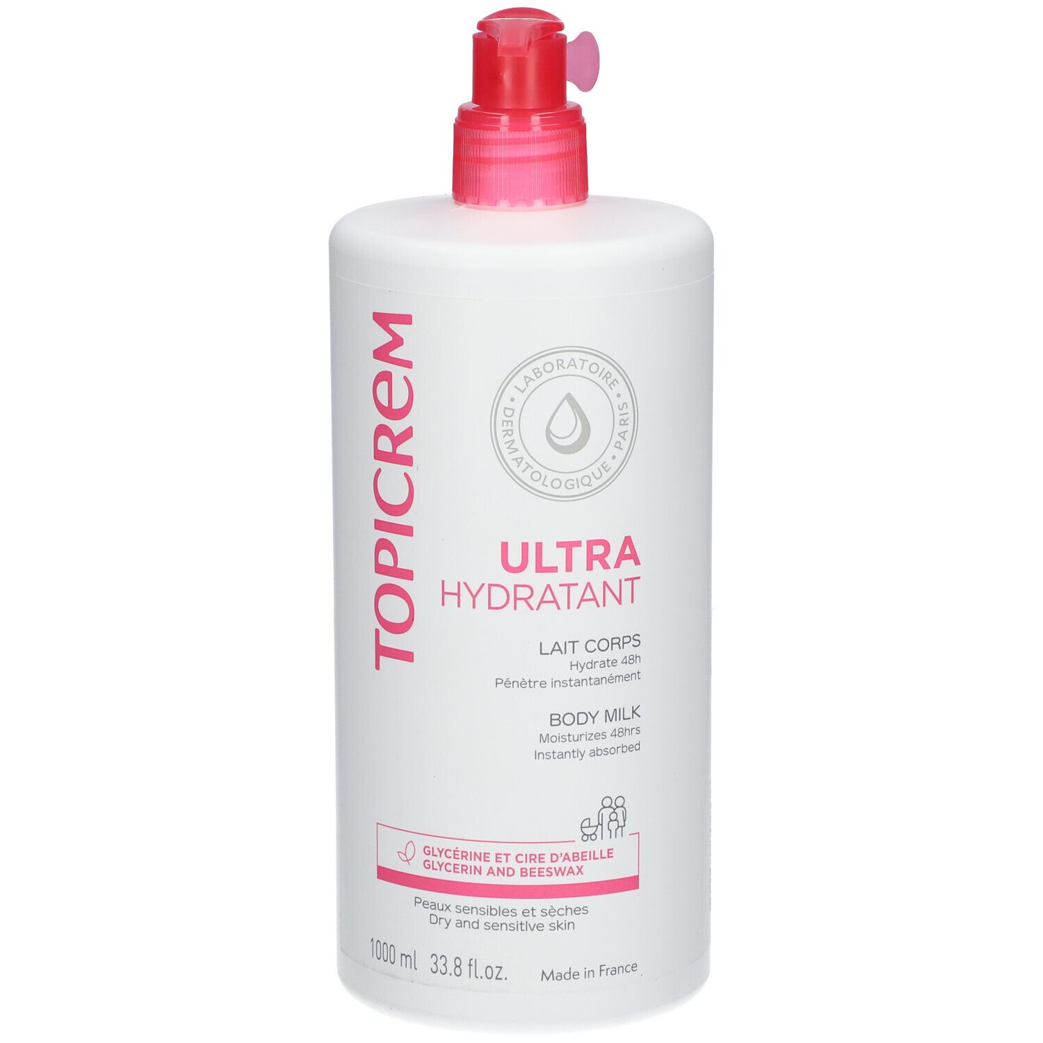 Flacon blanc avec pompe rose. Inscription TOPICREM, ULTRA HYDRATANT, Lait Corps. 1000 ml.