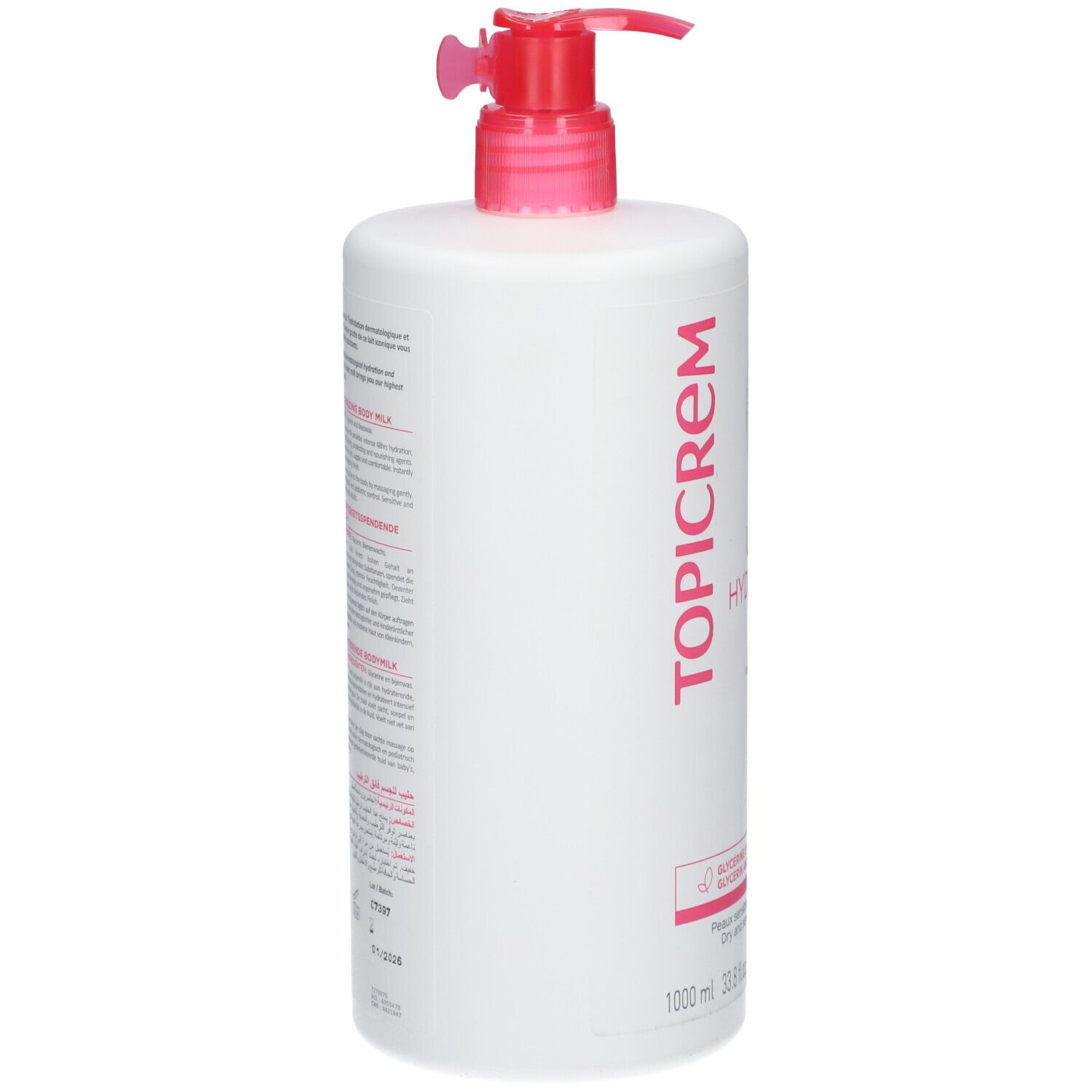 Flacon blanc avec pompe rose. Inscription TOPICREM, ULTRA HYDRATANT, Lait Corps. 1000 ml.