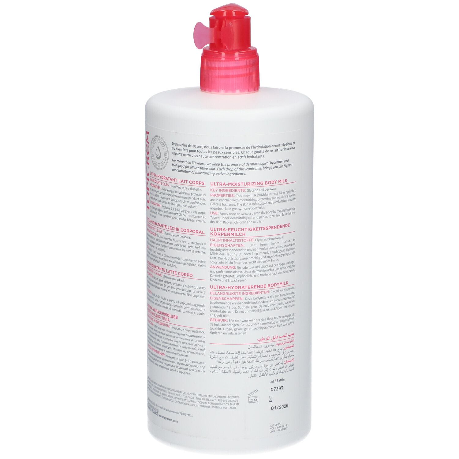 Flacon blanc avec pompe rose. Inscription TOPICREM, ULTRA HYDRATANT, Lait Corps. 1000 ml.