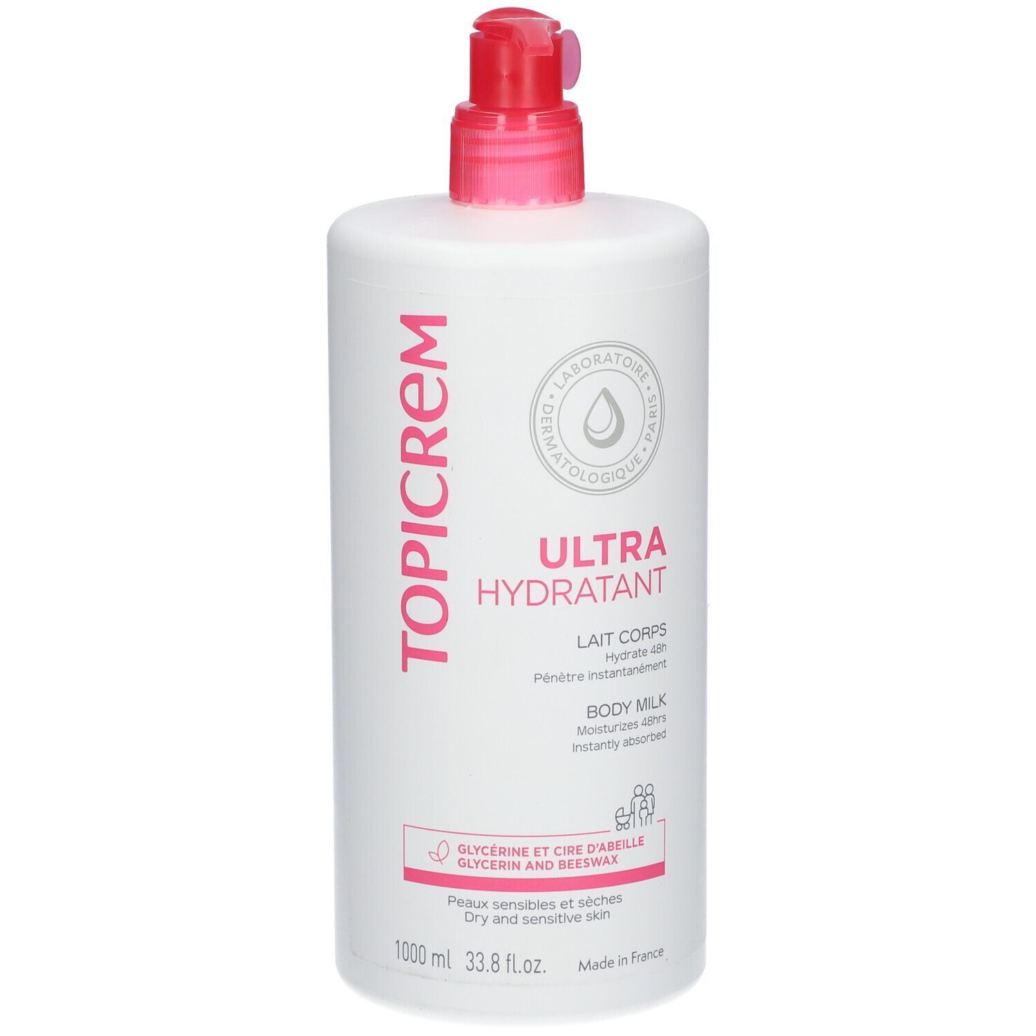 Flacon blanc avec pompe rose. Inscription TOPICREM, ULTRA HYDRATANT, Lait Corps. 1000 ml.