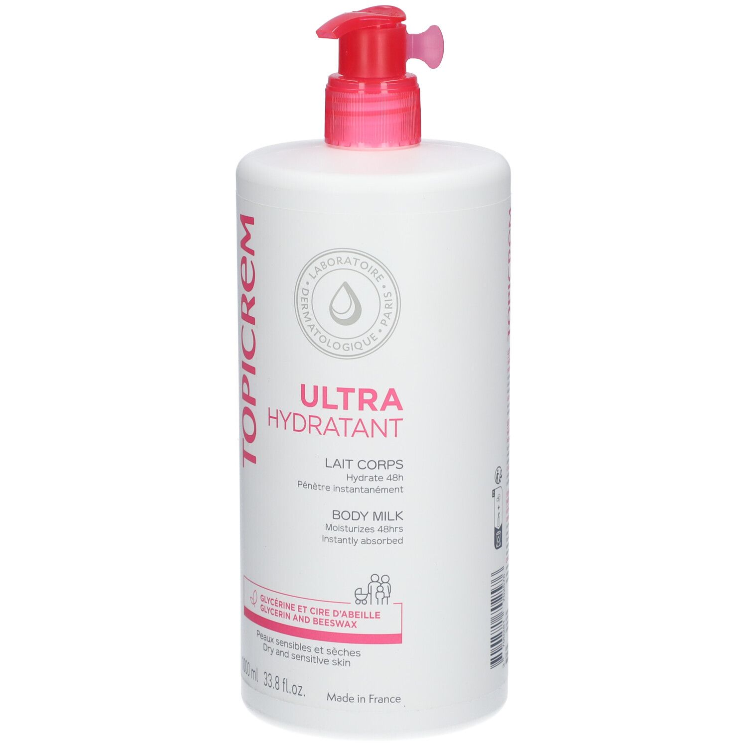 Flacon blanc avec pompe rose. Inscription TOPICREM, ULTRA HYDRATANT, Lait Corps. 1000 ml.