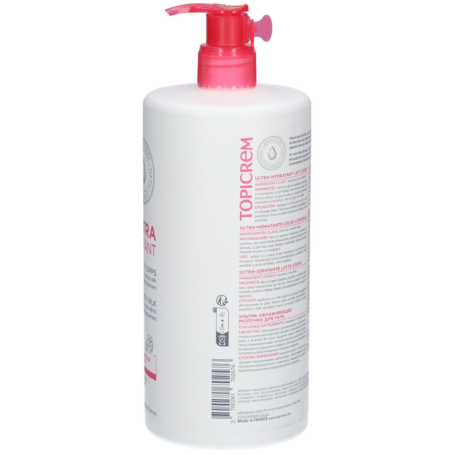 Flacon blanc avec pompe rose. Inscription TOPICREM, ULTRA HYDRATANT, Lait Corps. 1000 ml.